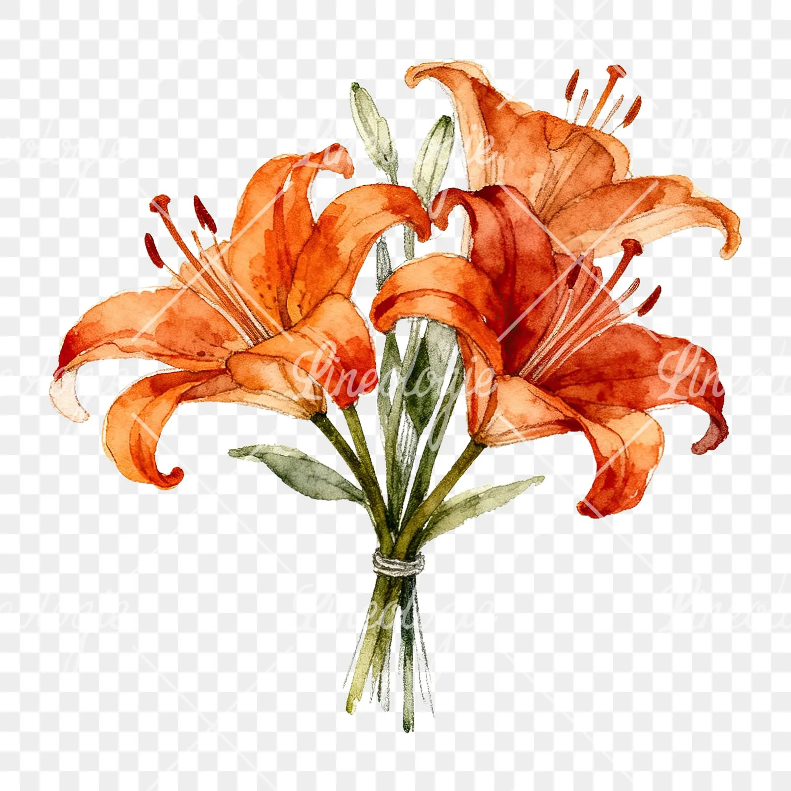 Watercolor orange lily bouquet with buds clipart 2 of 6 on a transparent background (PNG)