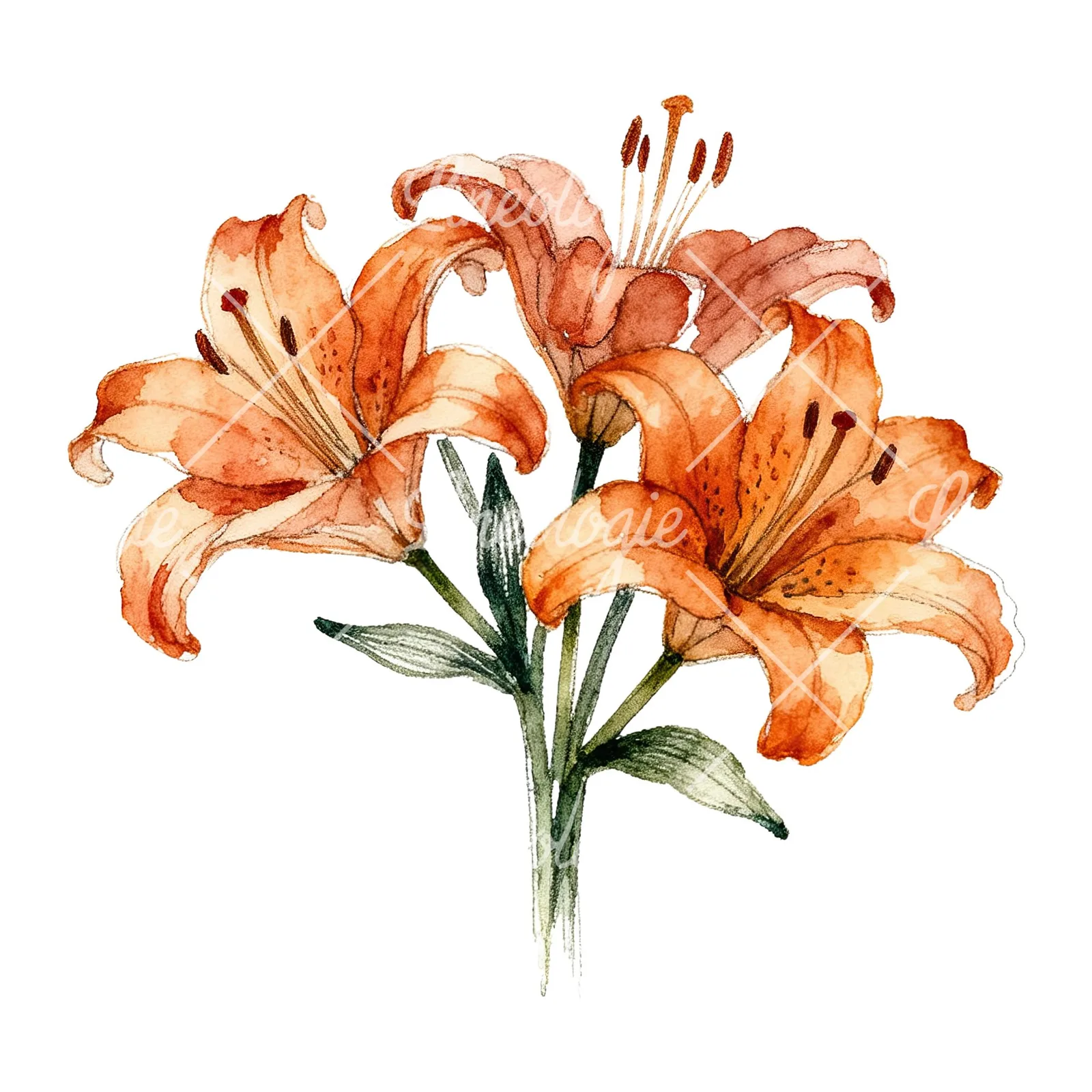 Watercolor orange lily bouquet with buds clipart 3 of 6 on a white background (JPG)