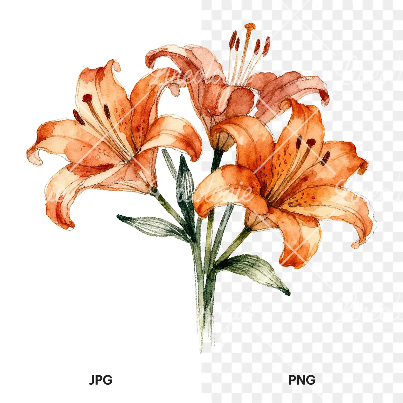 Watercolor orange lily bouquet with buds clipart 3 of 6, as a JPG on white and a transparent PNG