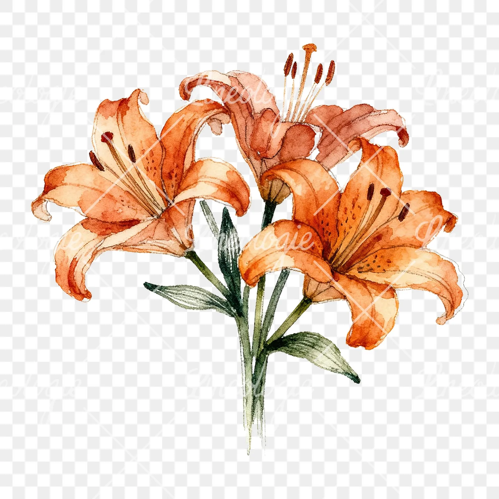 Watercolor orange lily bouquet with buds clipart 3 of 6 on a transparent background (PNG)