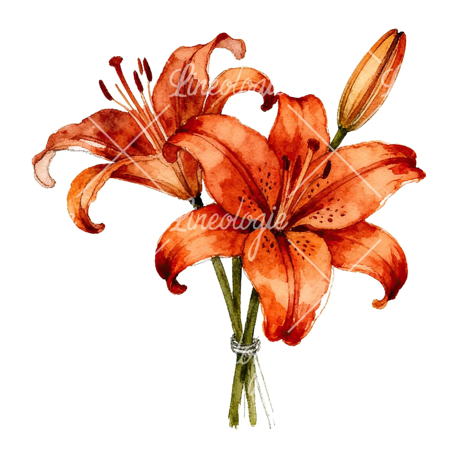 Watercolor orange lily bouquet with buds clipart 4 of 6 on a white background (JPG)