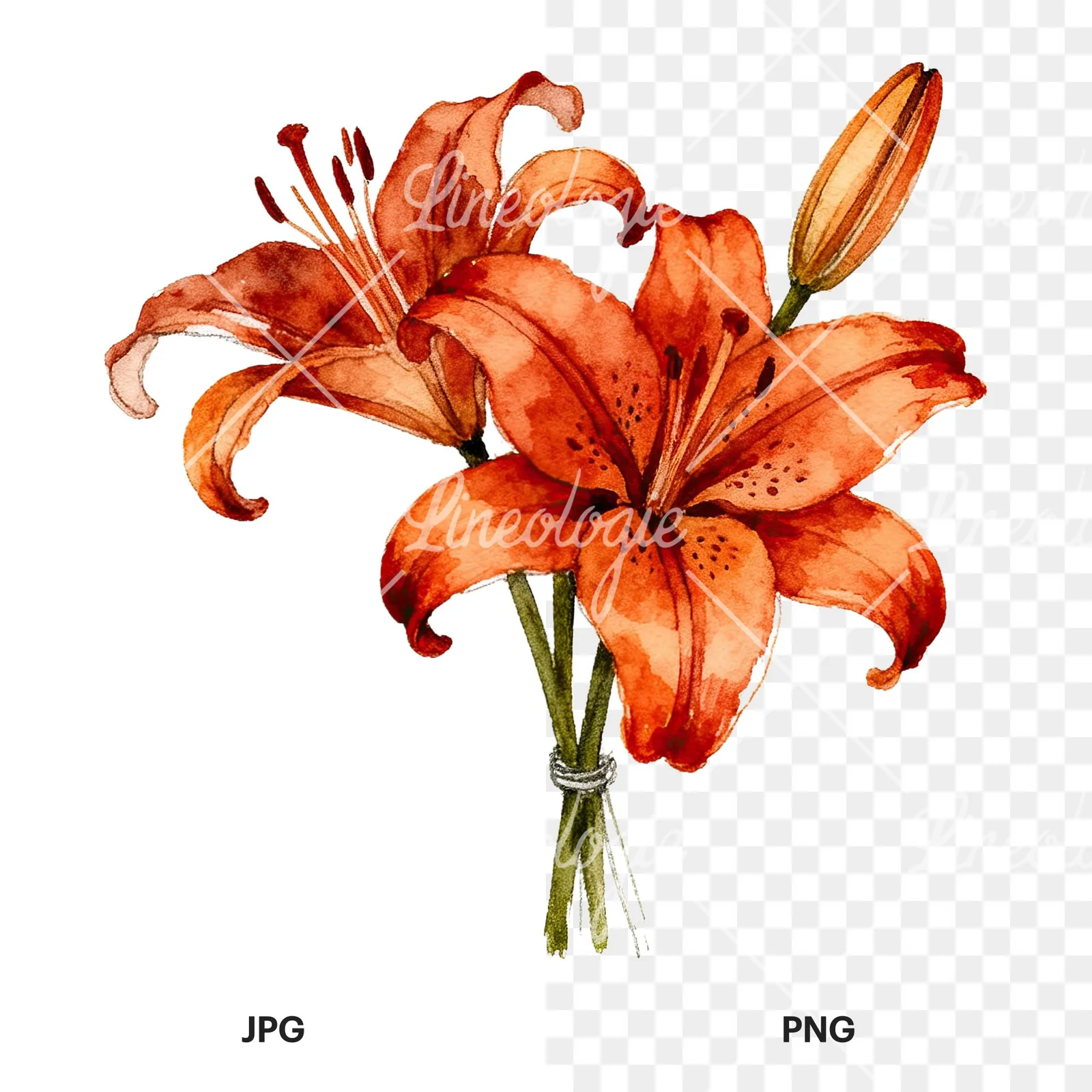 Watercolor orange lily bouquet with buds clipart 4 of 6, as a JPG on white and a transparent PNG