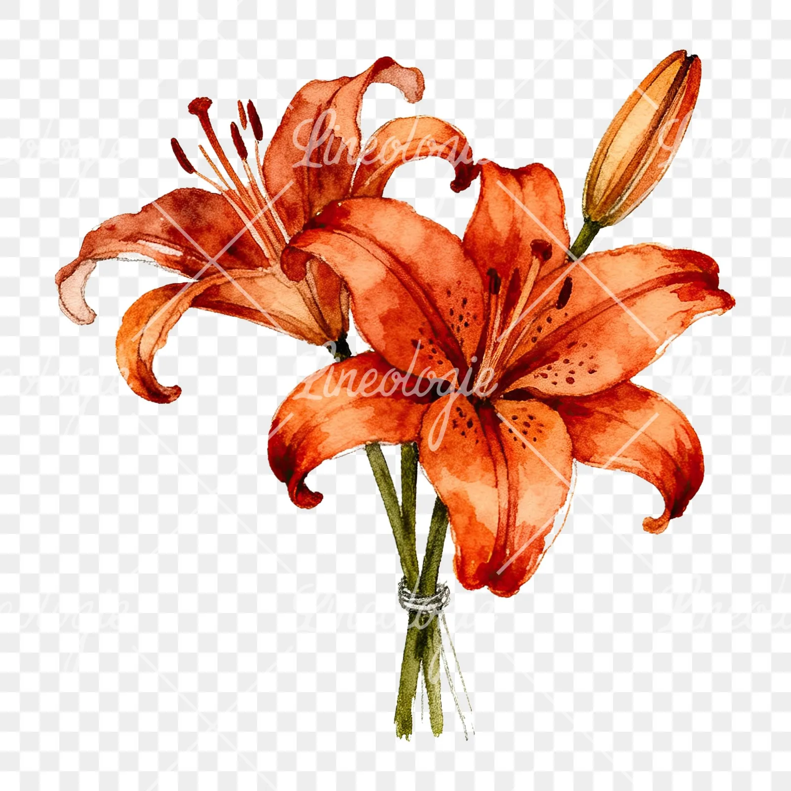 Watercolor orange lily bouquet with buds clipart 4 of 6 on a transparent background (PNG)