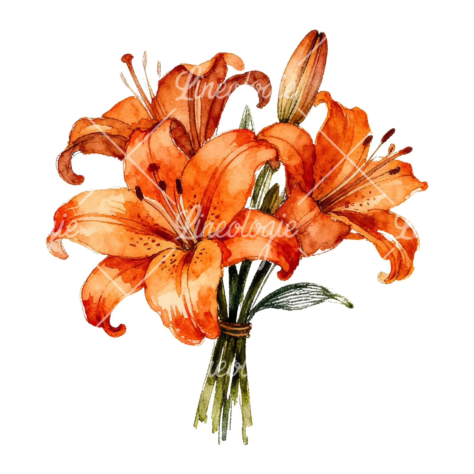 Watercolor orange lily bouquet with buds clipart 5 of 6 on a white background (JPG)