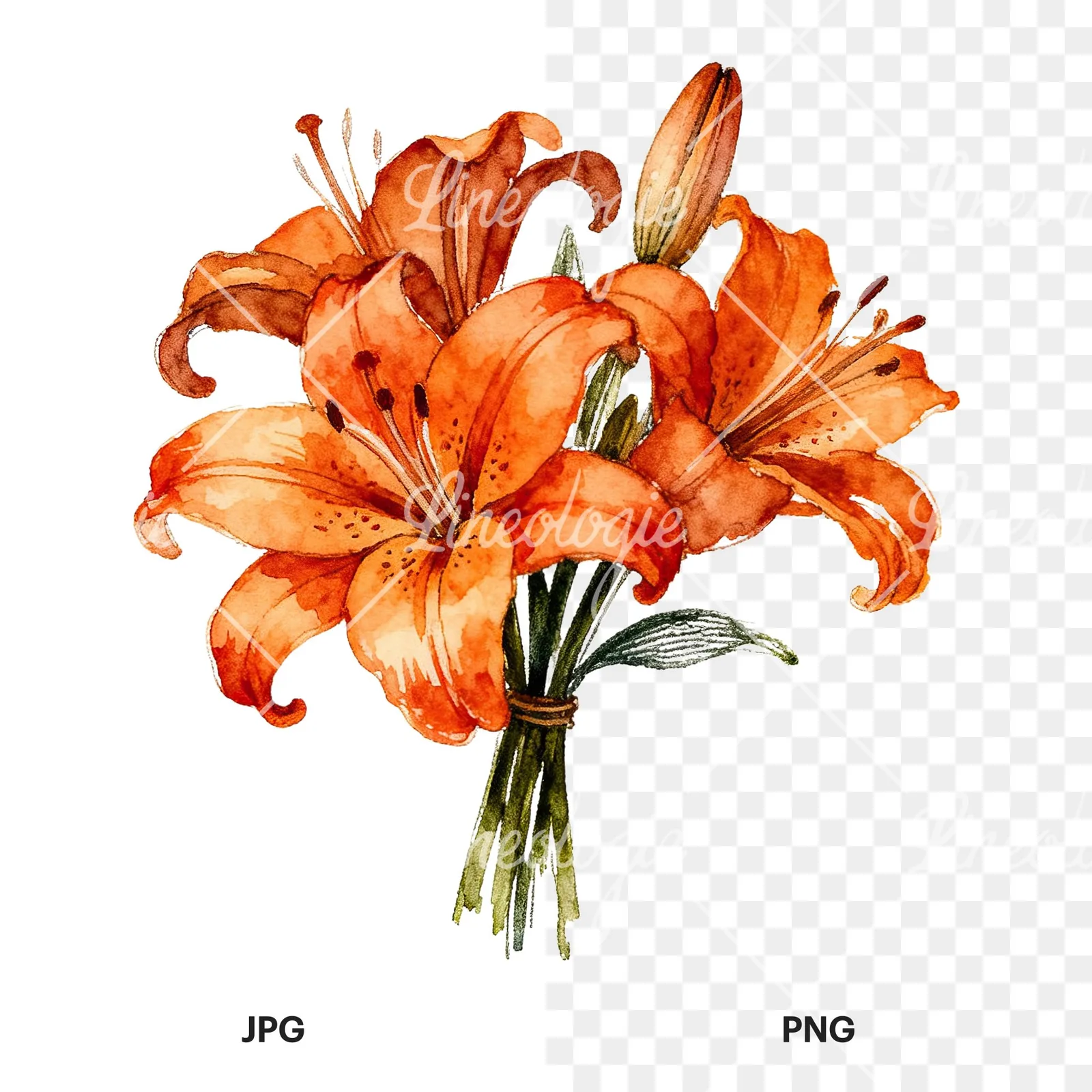 Watercolor orange lily bouquet with buds clipart 5 of 6, as a JPG on white and a transparent PNG