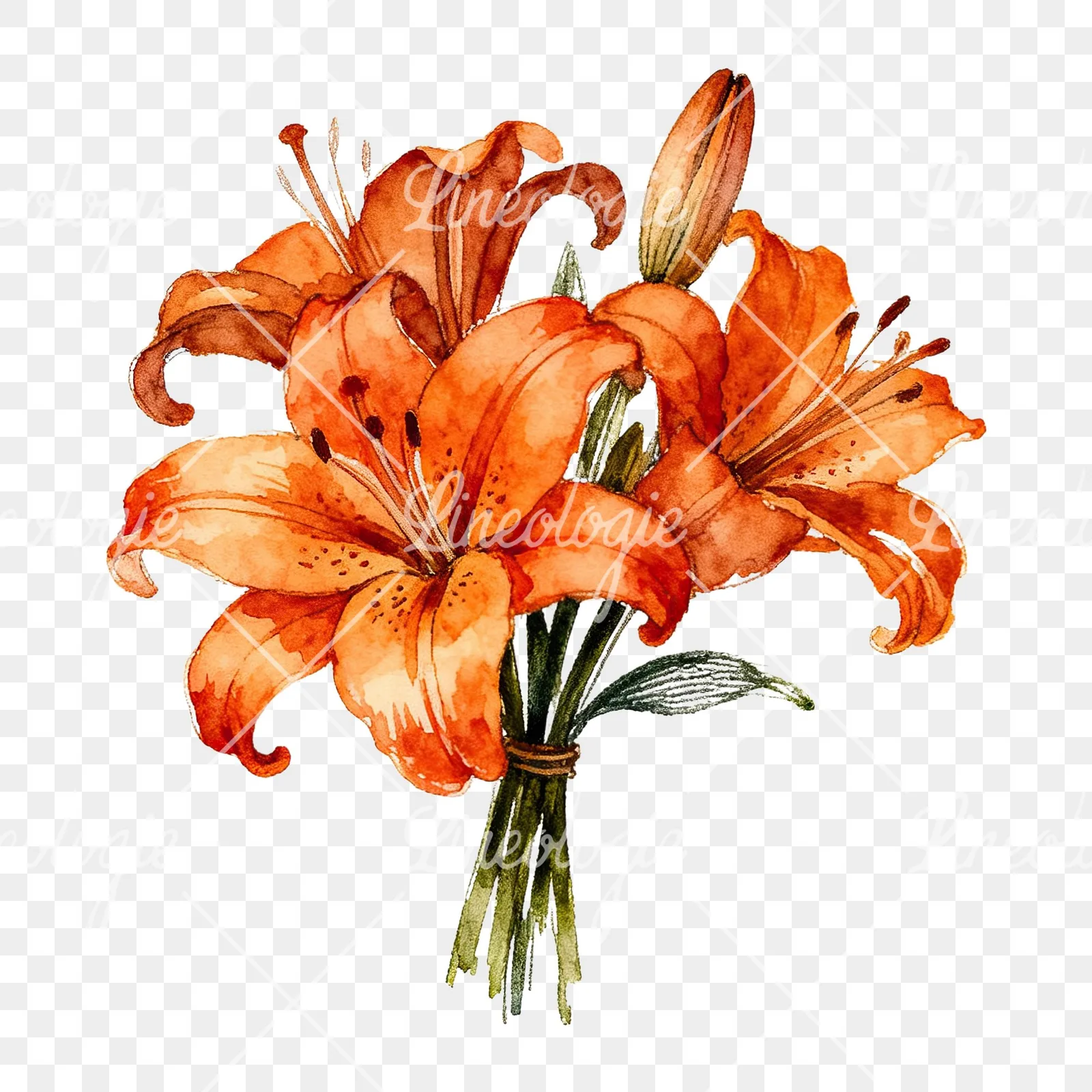 Watercolor orange lily bouquet with buds clipart 5 of 6 on a transparent background (PNG)