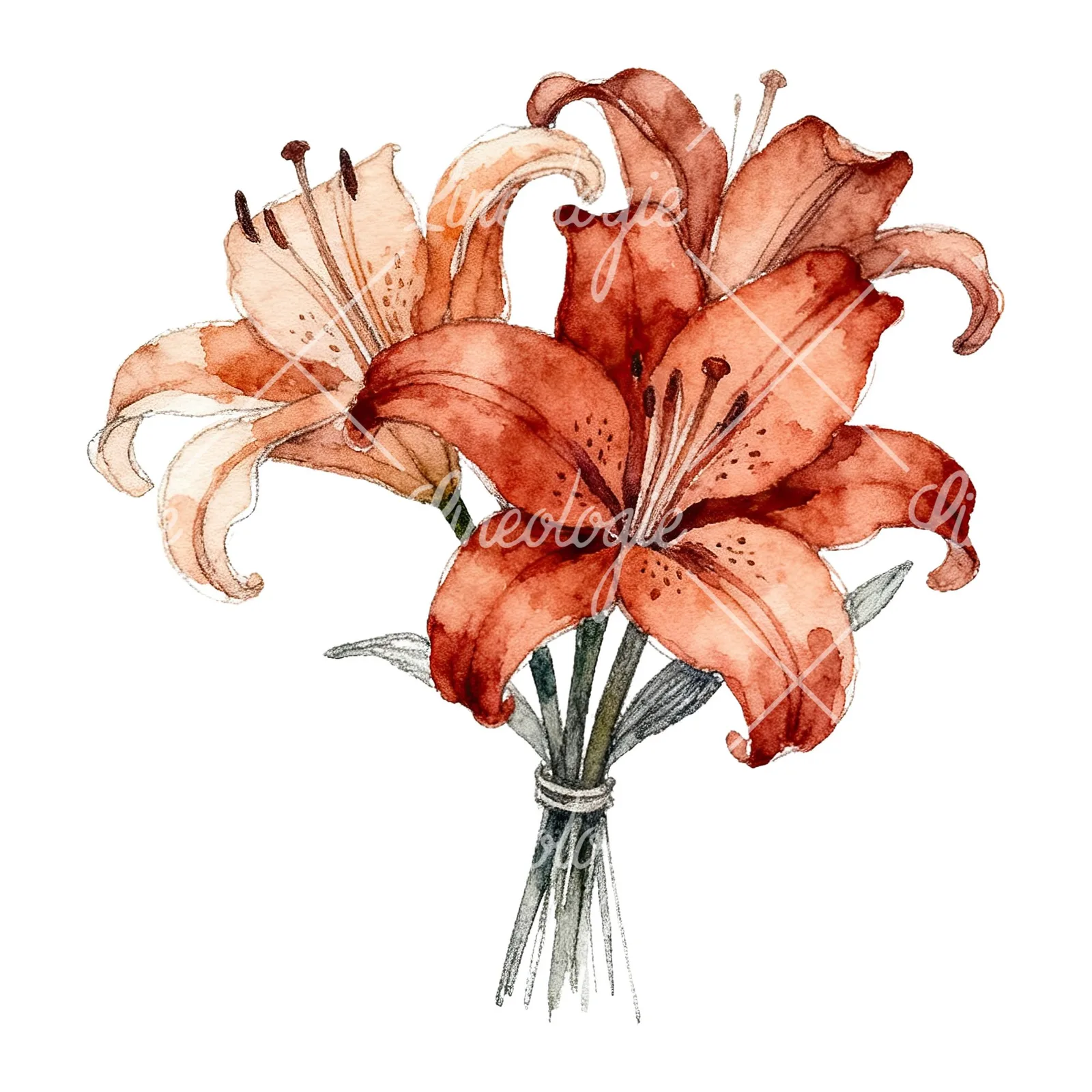 Watercolor orange lily bouquet with buds clipart 6 of 6 on a white background (JPG)