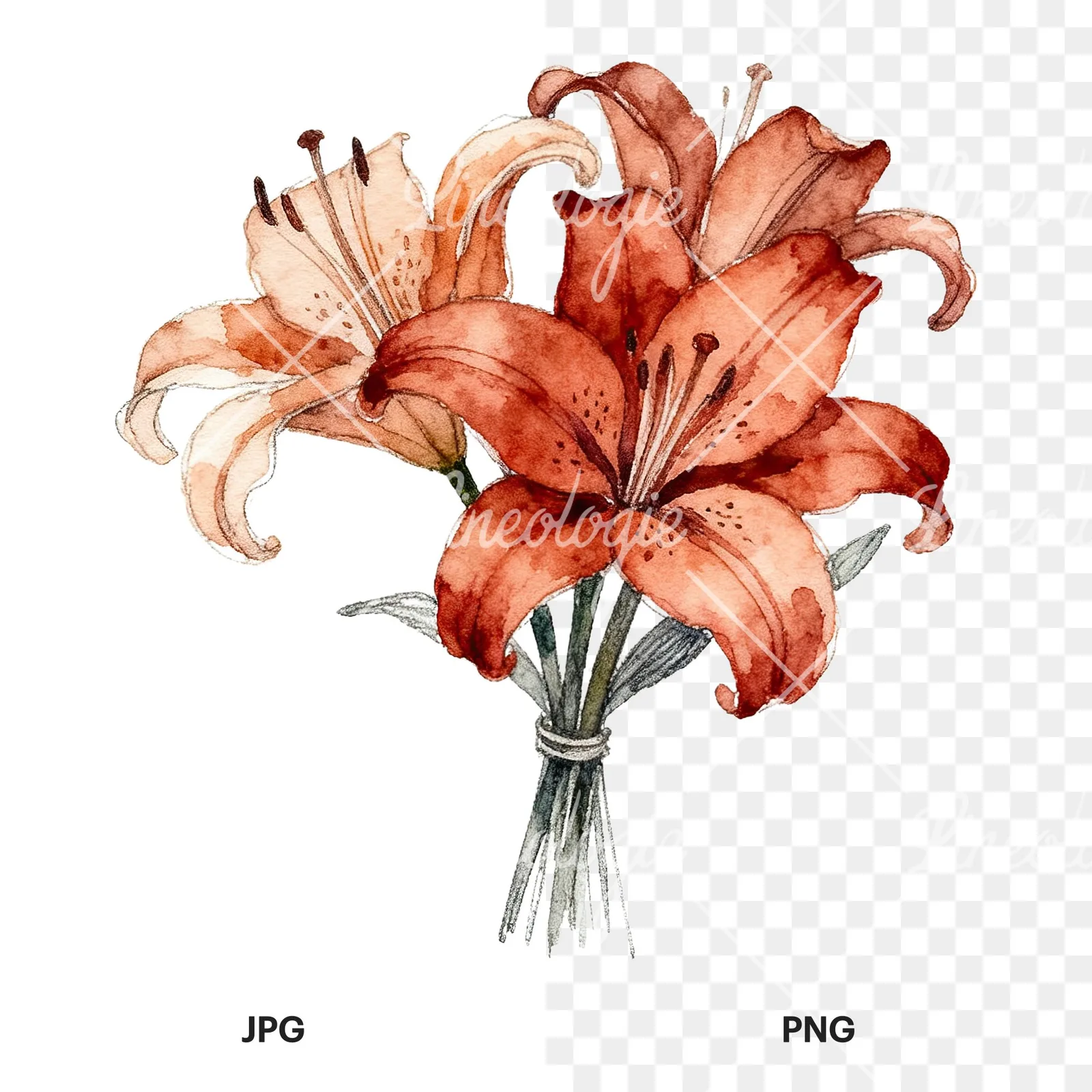Watercolor orange lily bouquet with buds clipart 6 of 6, as a JPG on white and a transparent PNG