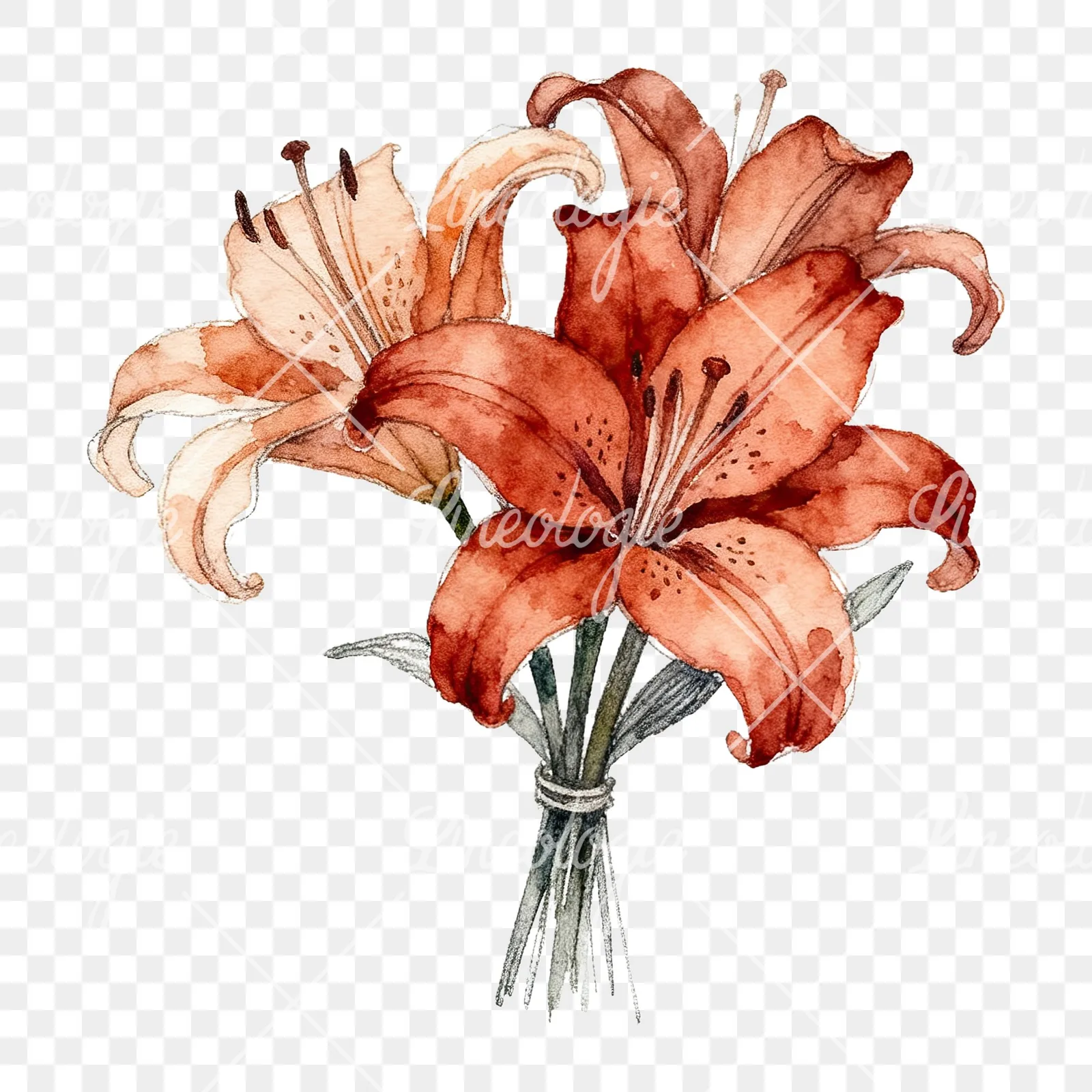 Watercolor orange lily bouquet with buds clipart 6 of 6 on a transparent background (PNG)