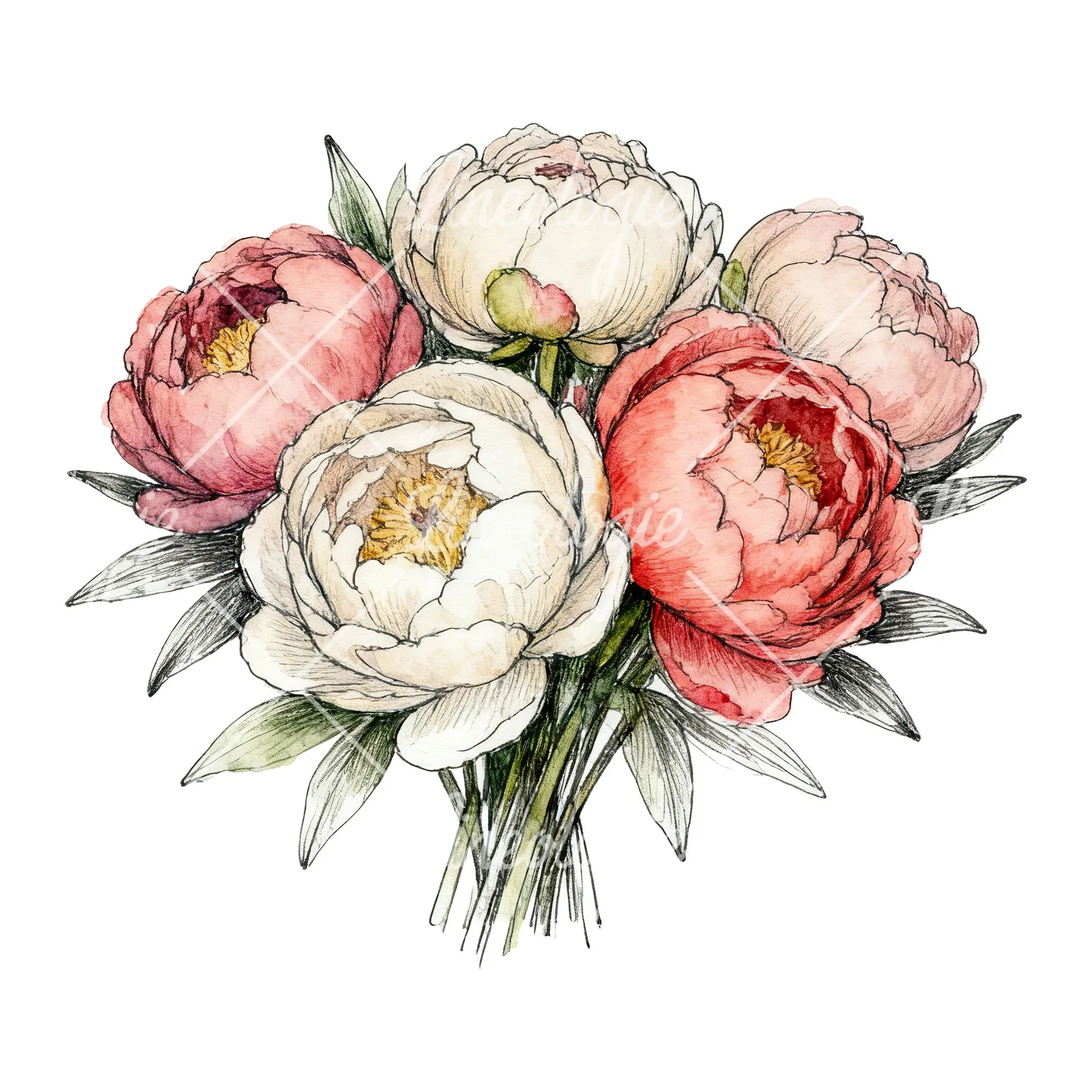 Watercolor purple and red peony bouquet clipart 1 of 6 on a white background (JPG)