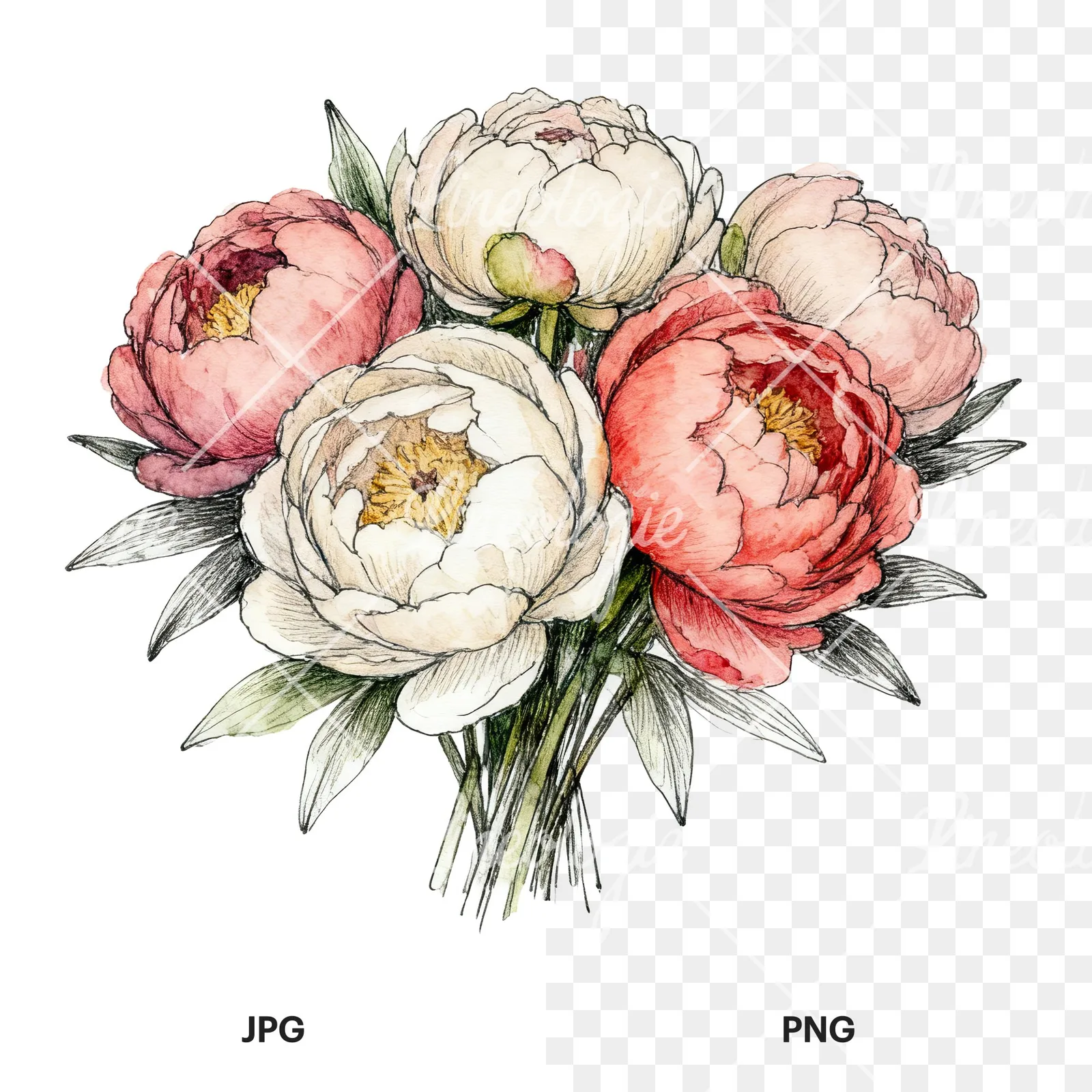 Watercolor purple and red peony bouquet clipart 1 of 6, as a JPG on white and a transparent PNG