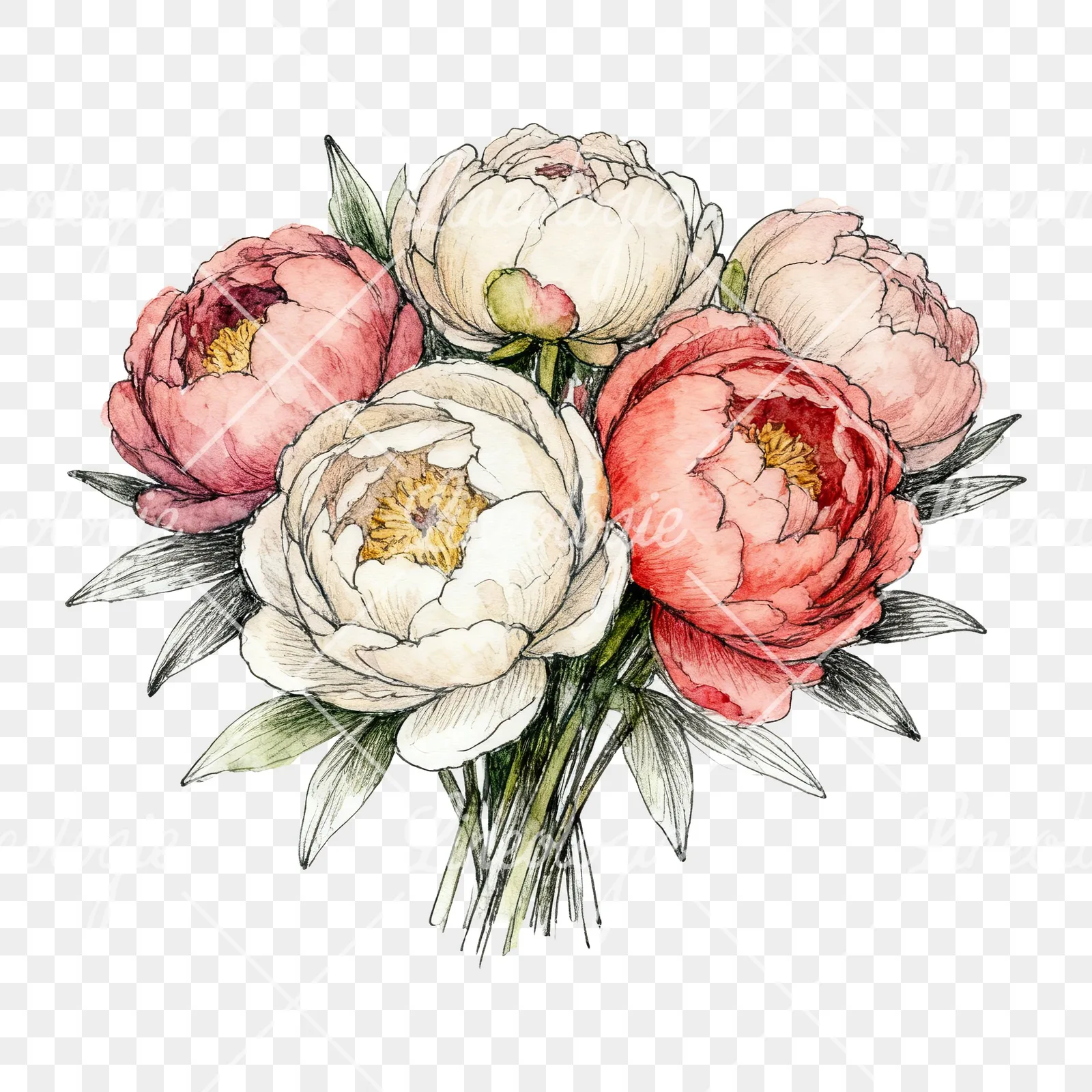 Watercolor purple and red peony bouquet clipart 1 of 6 on a transparent background (PNG)
