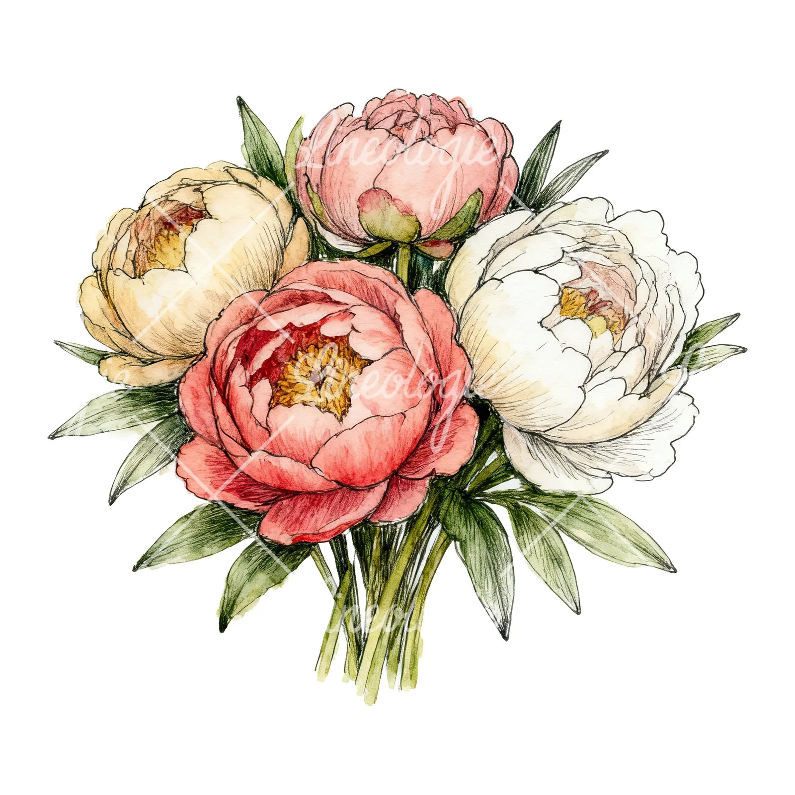 Watercolor purple and red peony bouquet clipart 2 of 6 on a white background (JPG)