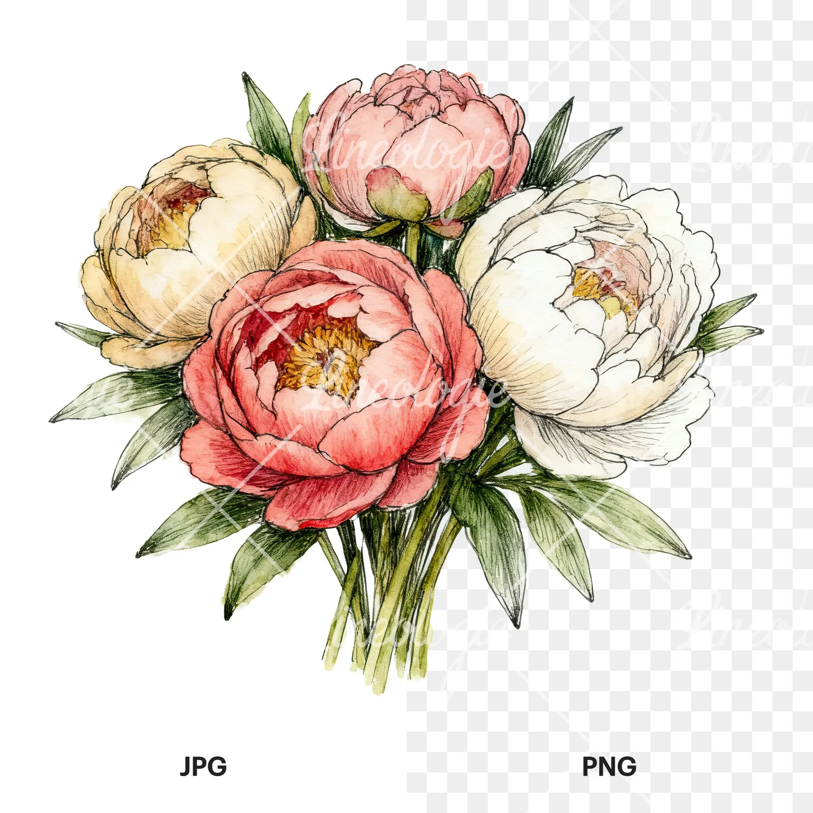 Watercolor purple and red peony bouquet clipart 2 of 6, as a JPG on white and a transparent PNG