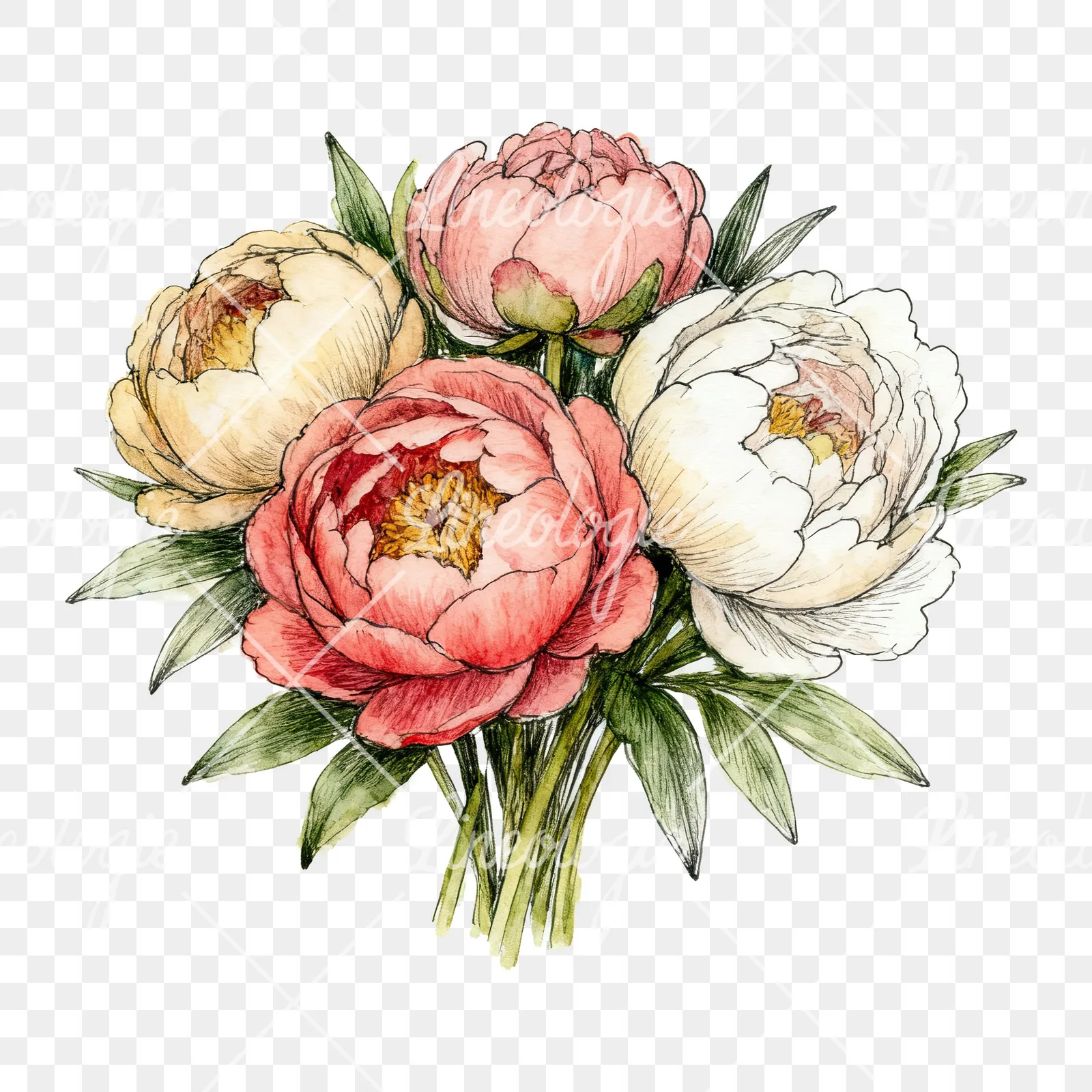 Watercolor purple and red peony bouquet clipart 2 of 6 on a transparent background (PNG)