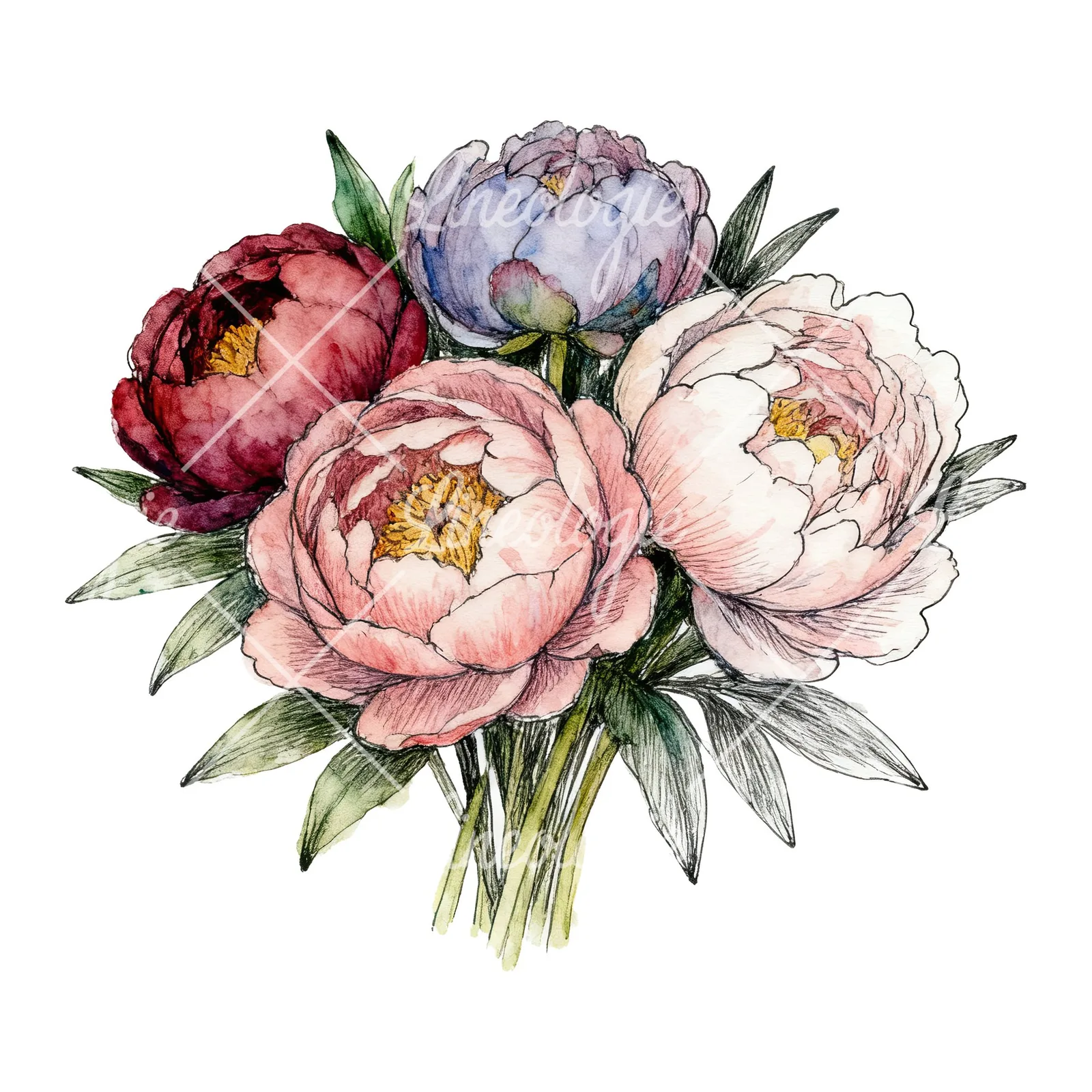 Watercolor purple and red peony bouquet clipart 3 of 6 on a white background (JPG)