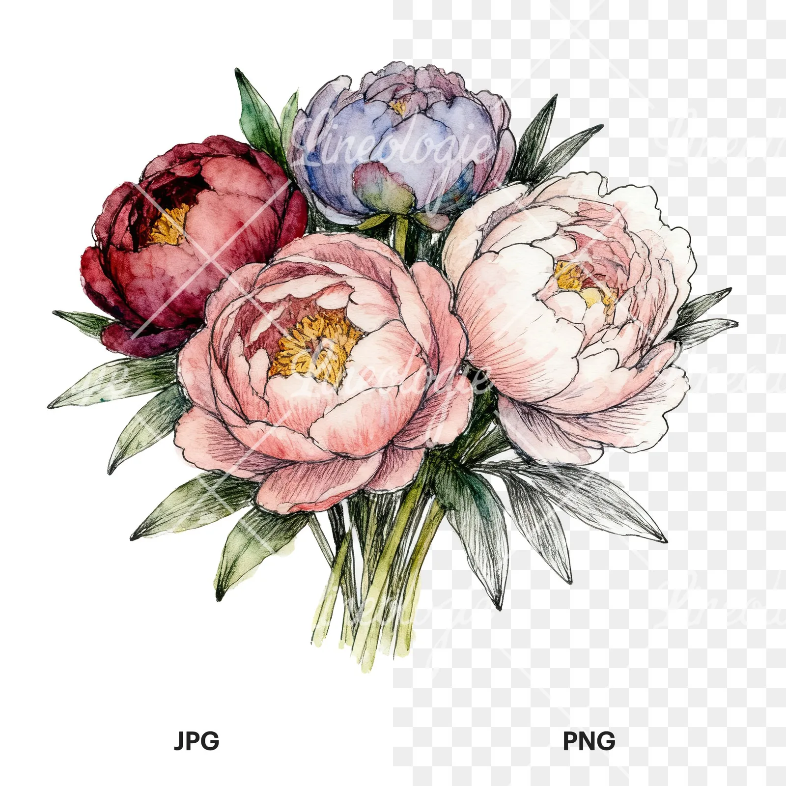 Watercolor purple and red peony bouquet clipart 3 of 6, as a JPG on white and a transparent PNG