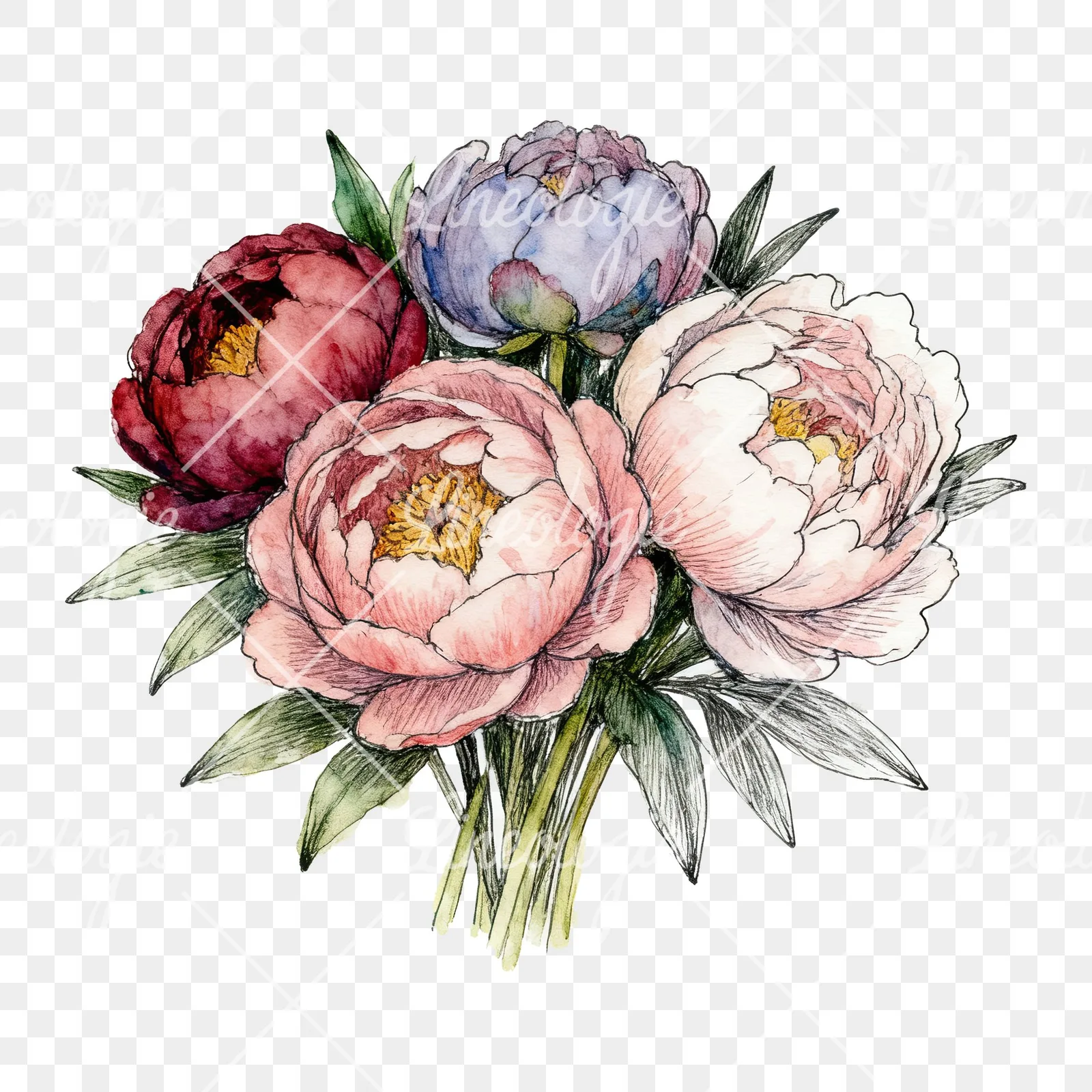 Watercolor purple and red peony bouquet clipart 3 of 6 on a transparent background (PNG)