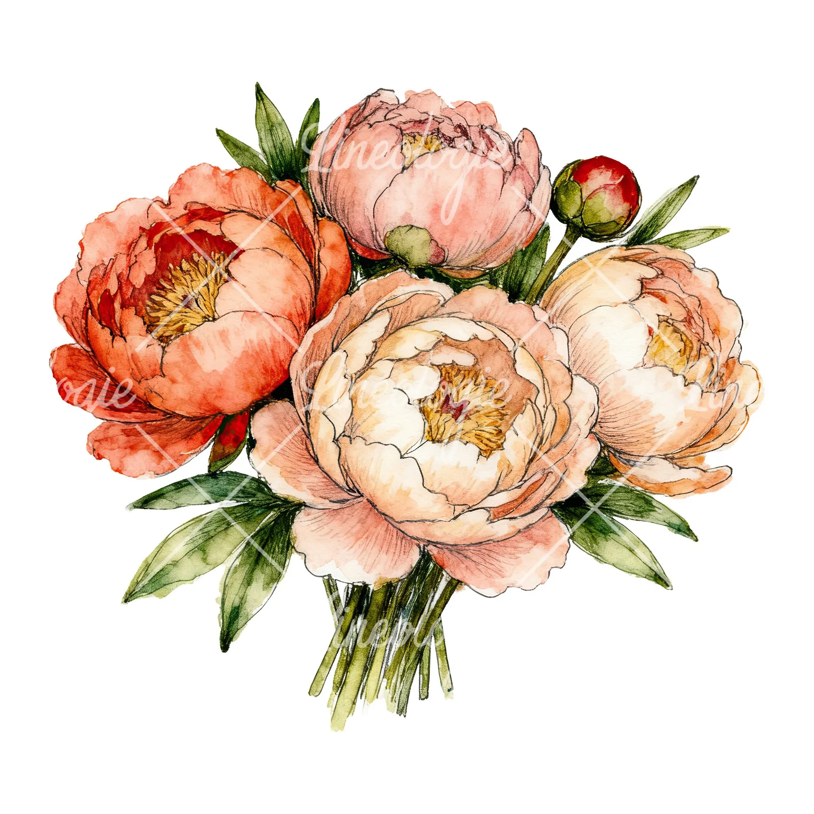 Watercolor purple and red peony bouquet clipart 4 of 6 on a white background (JPG)