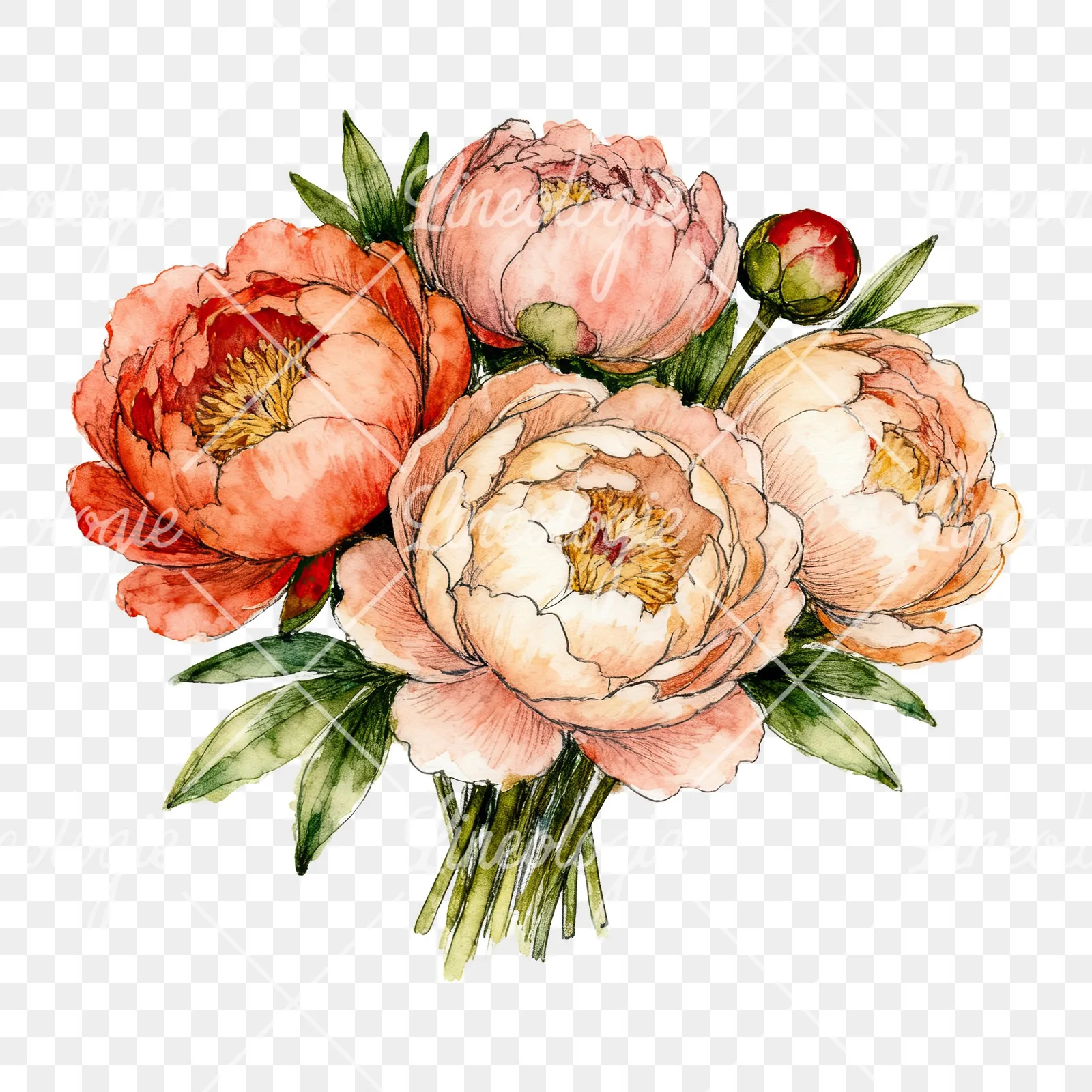 Watercolor purple and red peony bouquet clipart 4 of 6 on a transparent background (PNG)
