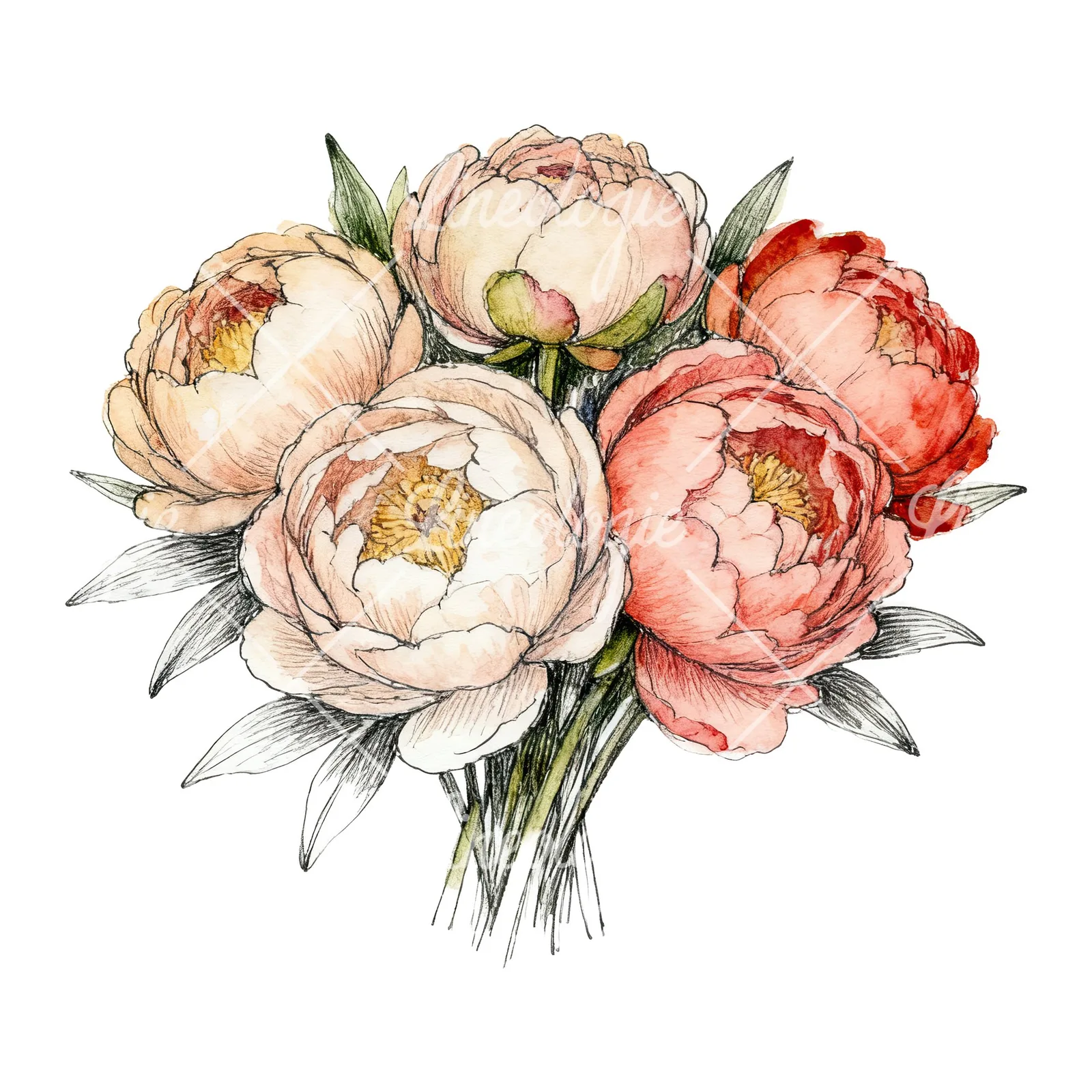 Watercolor purple and red peony bouquet clipart 5 of 6 on a white background (JPG)