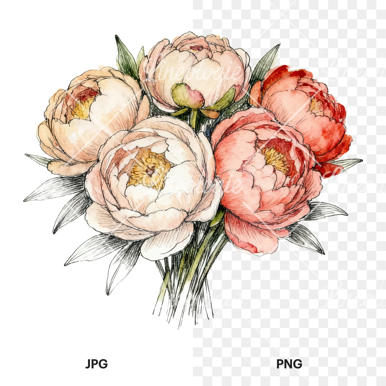 Watercolor purple and red peony bouquet clipart 5 of 6, as a JPG on white and a transparent PNG