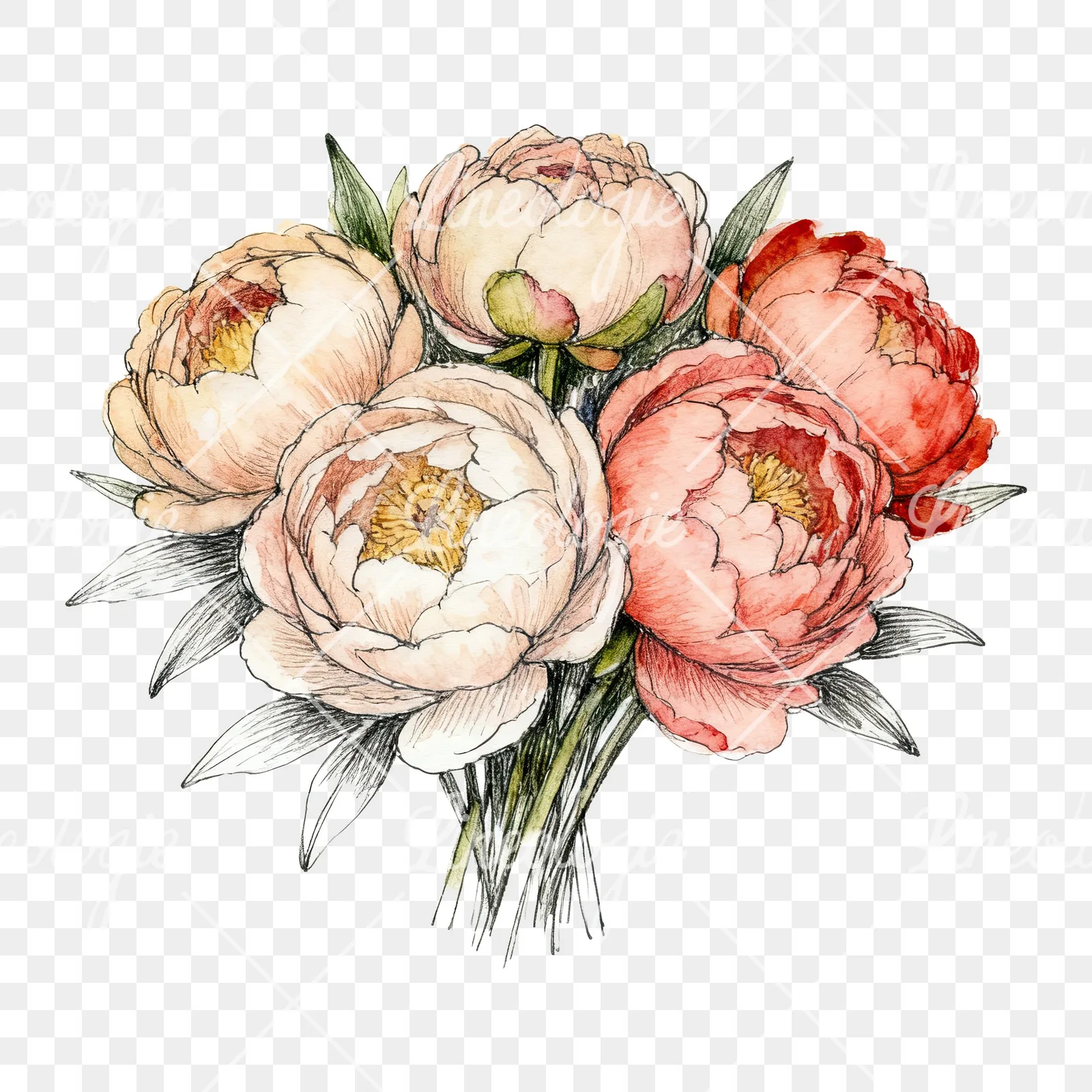 Watercolor purple and red peony bouquet clipart 5 of 6 on a transparent background (PNG)