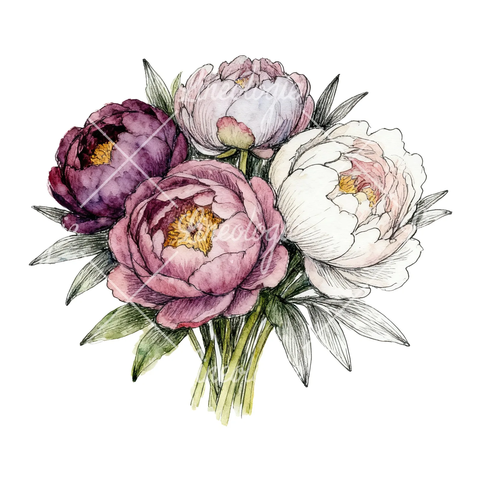 Watercolor purple and red peony bouquet clipart 6 of 6 on a white background (JPG)