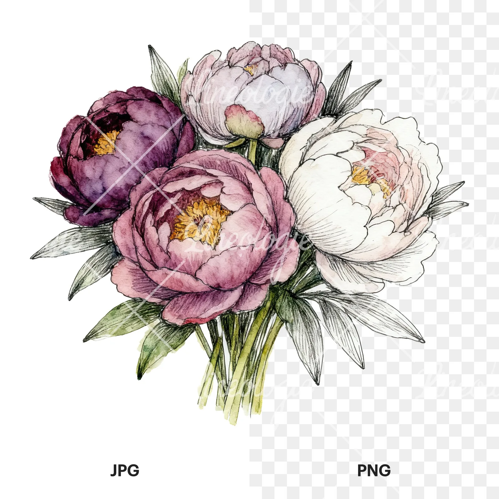 Watercolor purple and red peony bouquet clipart 6 of 6, as a JPG on white and a transparent PNG