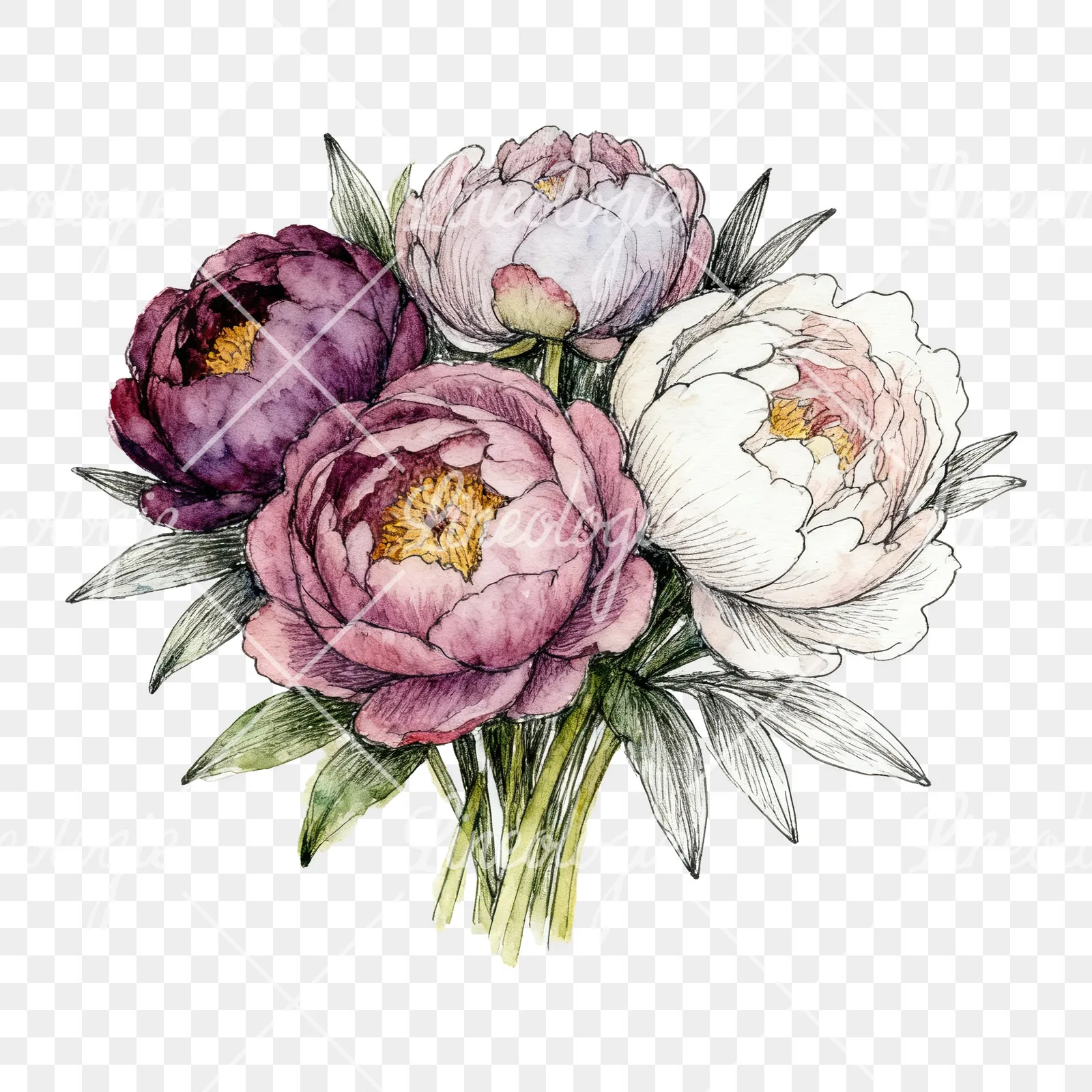 Watercolor purple and red peony bouquet clipart 6 of 6 on a transparent background (PNG)