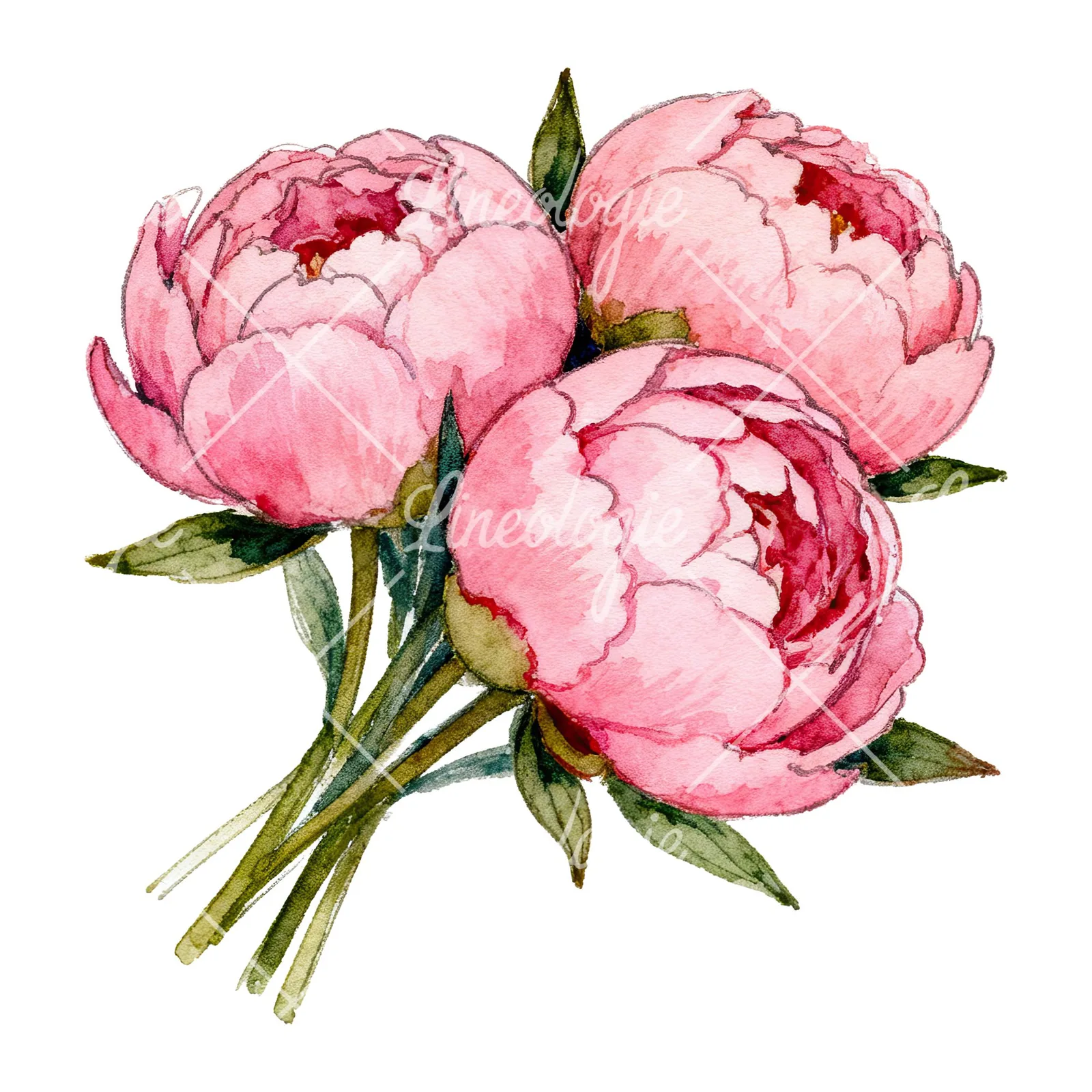 Watercolor tightly clustered pink peony bouquet clipart 1 of 6 on a white background (JPG)