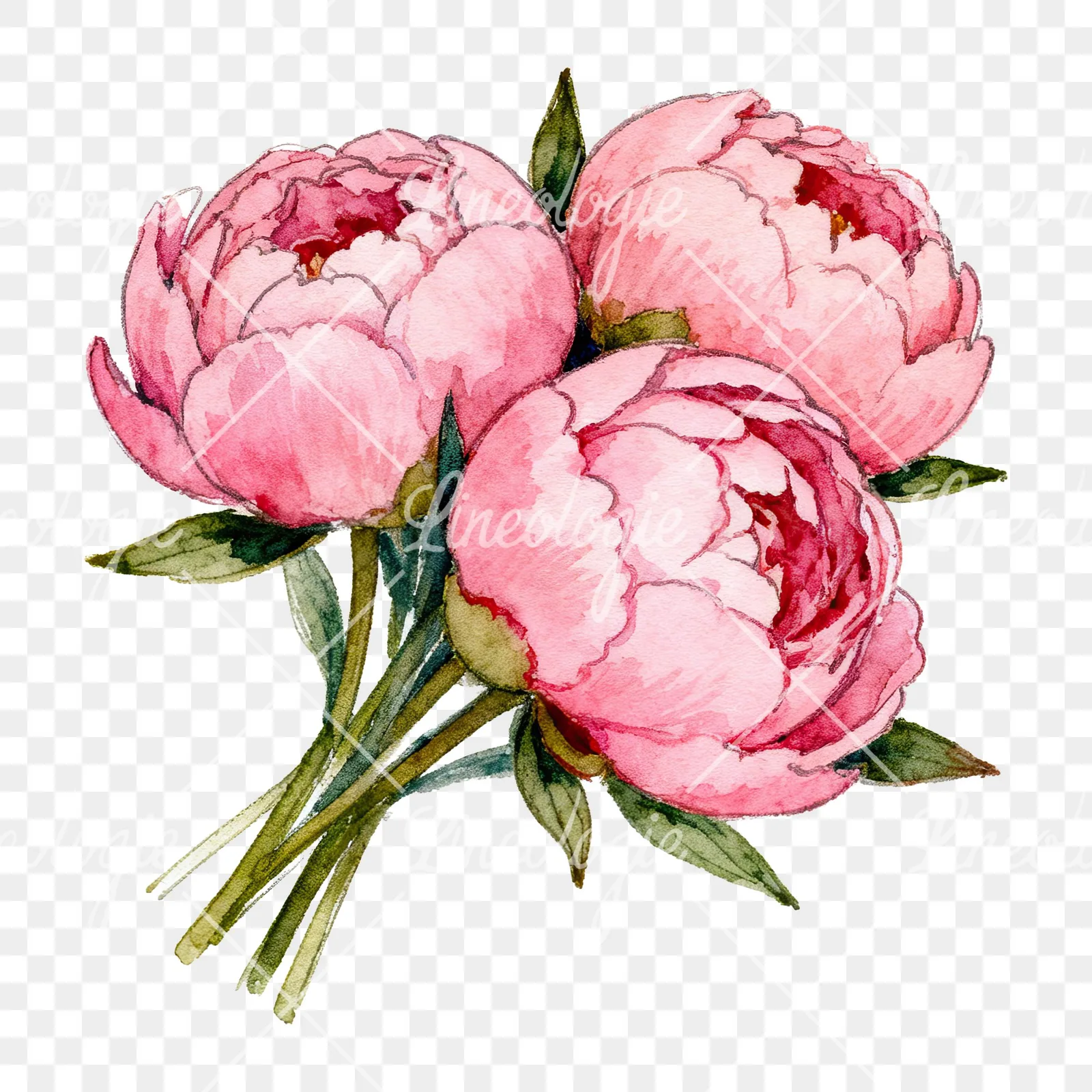 Watercolor tightly clustered pink peony bouquet clipart 1 of 6 on a transparent background (PNG)