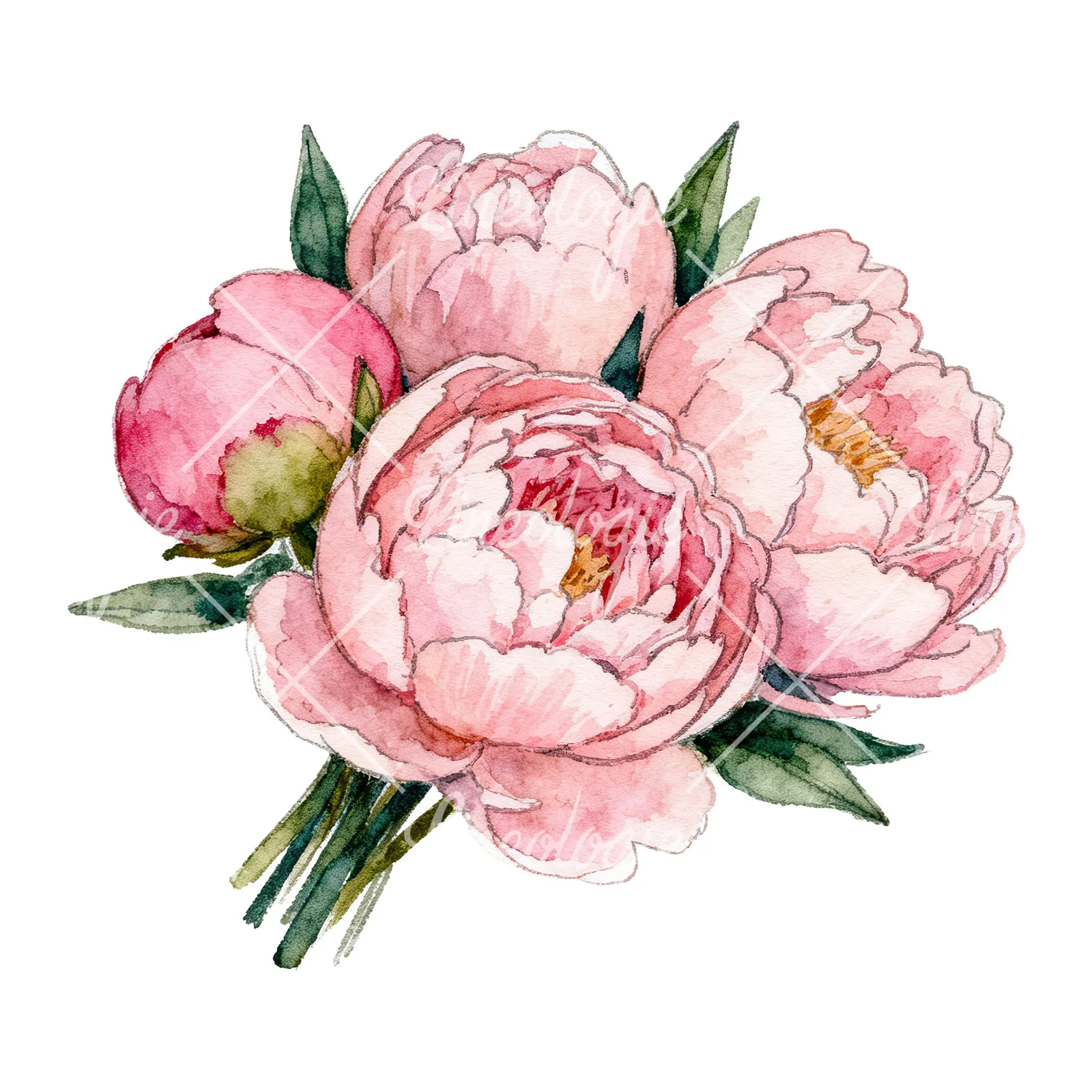 Watercolor tightly clustered pink peony bouquet clipart 2 of 6 on a white background (JPG)
