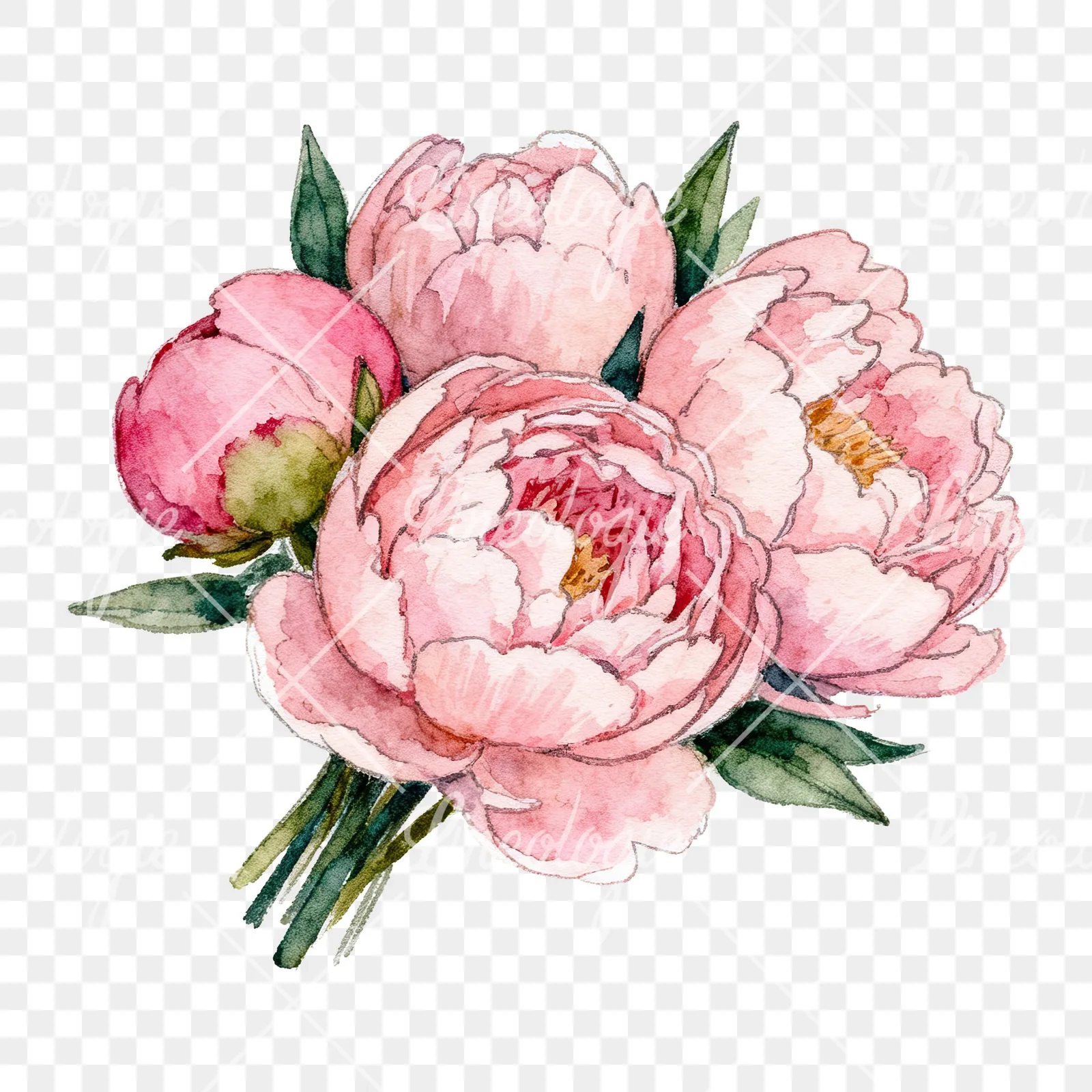 Watercolor tightly clustered pink peony bouquet clipart 2 of 6 on a transparent background (PNG)