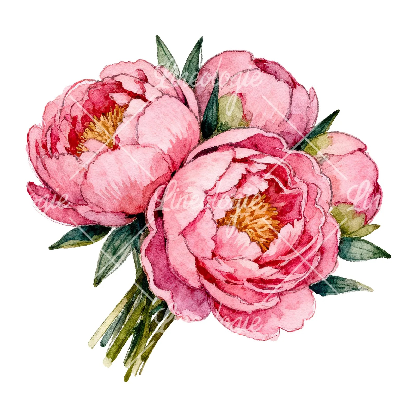 Watercolor tightly clustered pink peony bouquet clipart 3 of 6 on a white background (JPG)