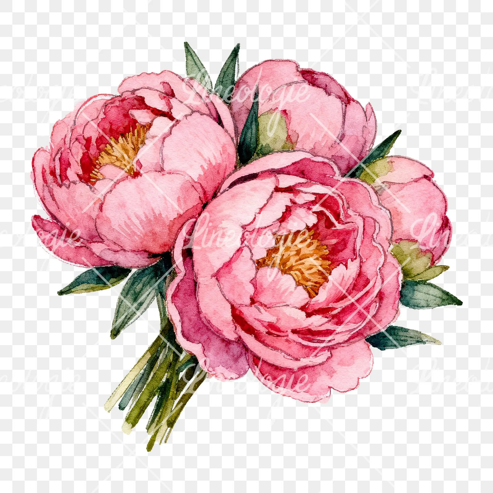 Watercolor tightly clustered pink peony bouquet clipart 3 of 6 on a transparent background (PNG)