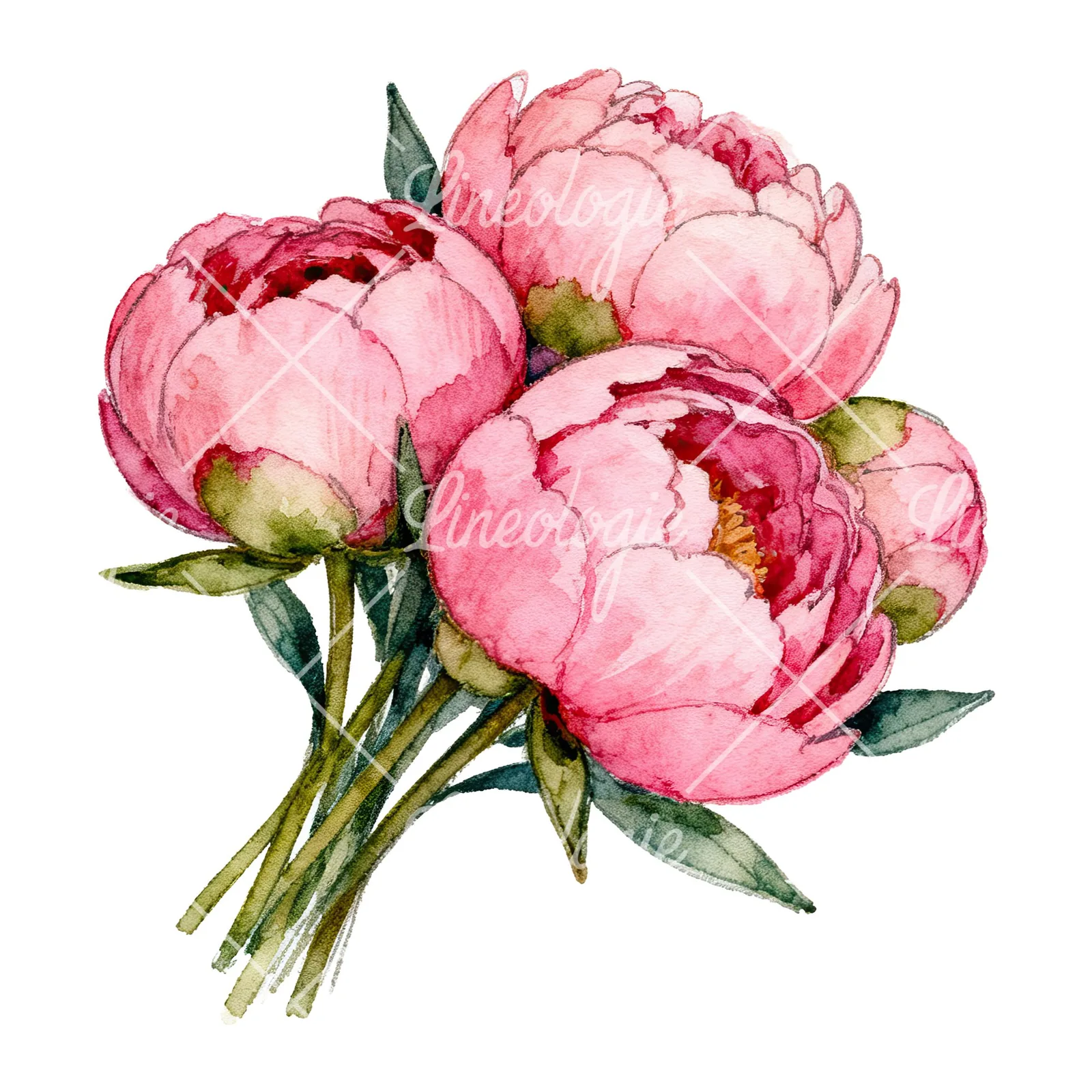 Watercolor tightly clustered pink peony bouquet clipart 4 of 6 on a white background (JPG)
