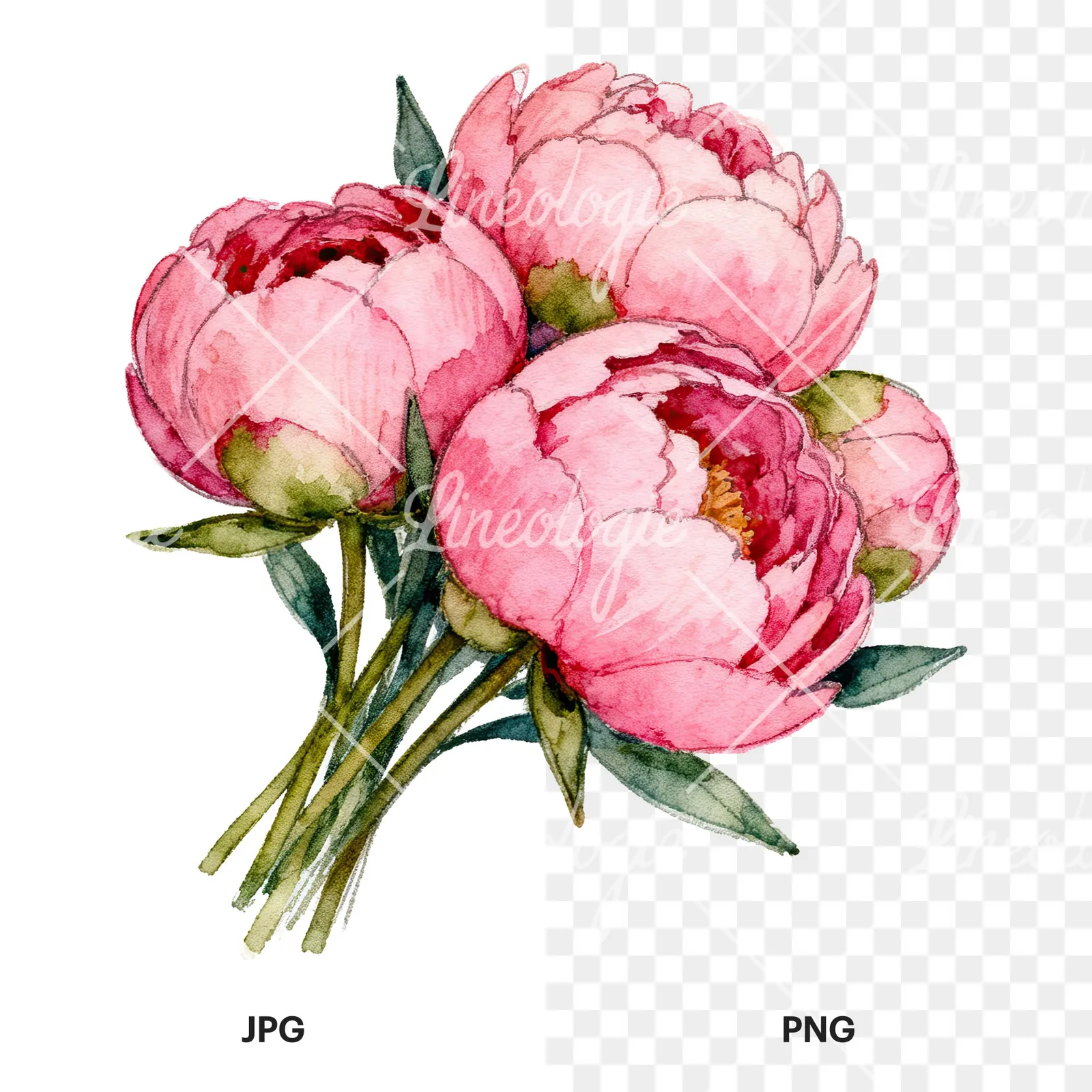 Watercolor tightly clustered pink peony bouquet clipart 4 of 6, as a JPG on white and a transparent PNG