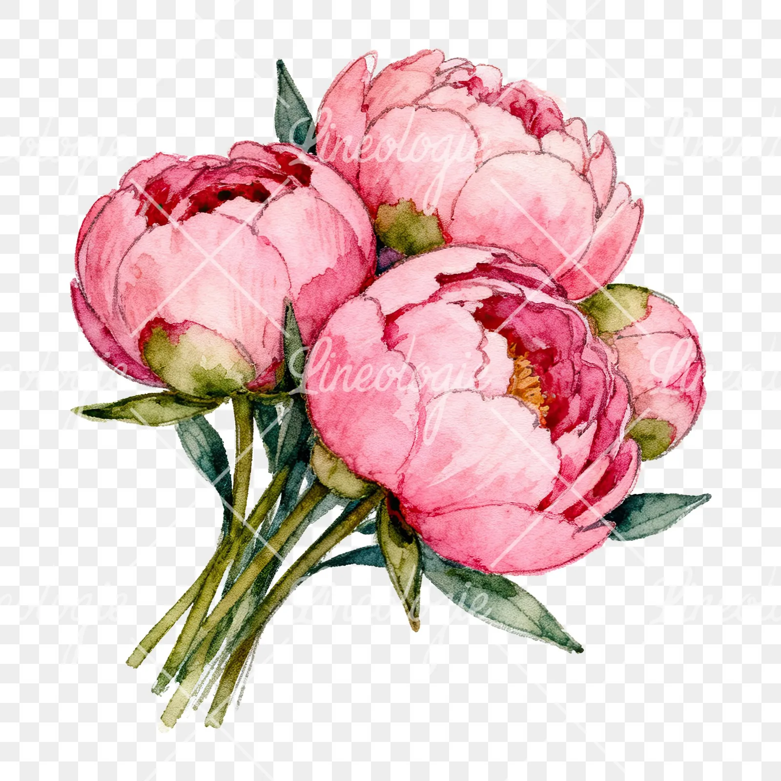 Watercolor tightly clustered pink peony bouquet clipart 4 of 6 on a transparent background (PNG)