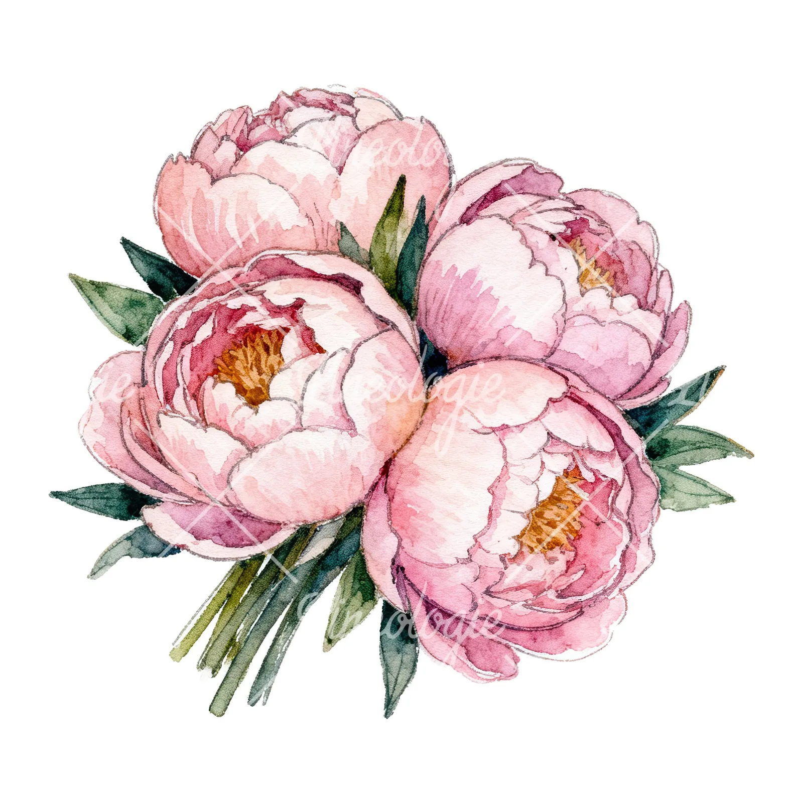 Watercolor tightly clustered pink peony bouquet clipart 5 of 6 on a white background (JPG)
