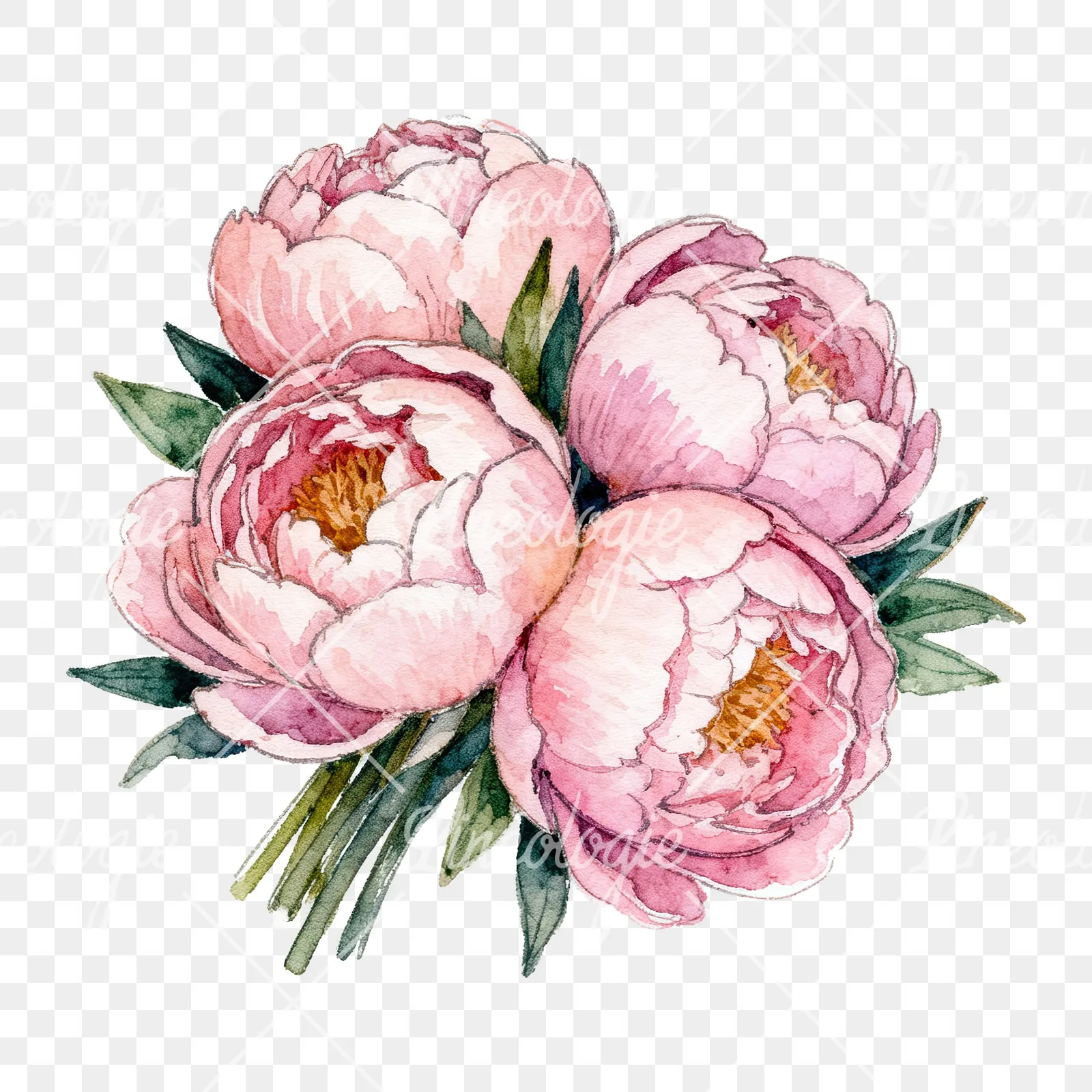 Watercolor tightly clustered pink peony bouquet clipart 5 of 6 on a transparent background (PNG)