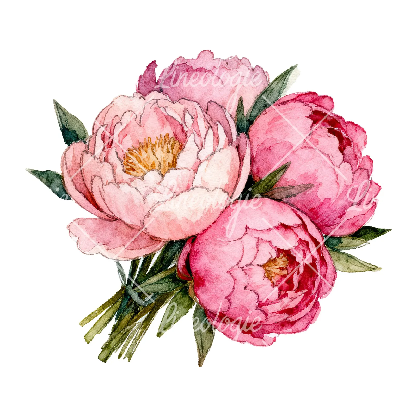 Watercolor tightly clustered pink peony bouquet clipart 6 of 6 on a white background (JPG)