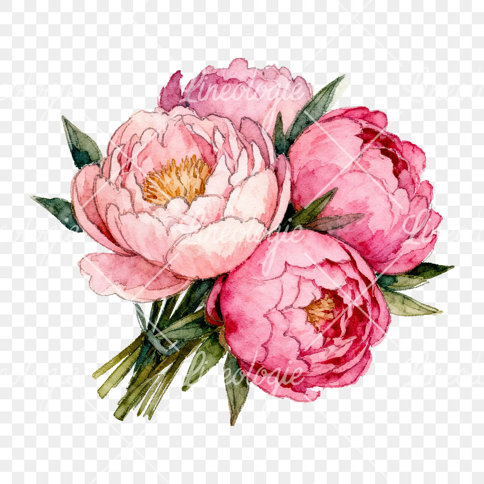 Watercolor tightly clustered pink peony bouquet clipart 6 of 6 on a transparent background (PNG)