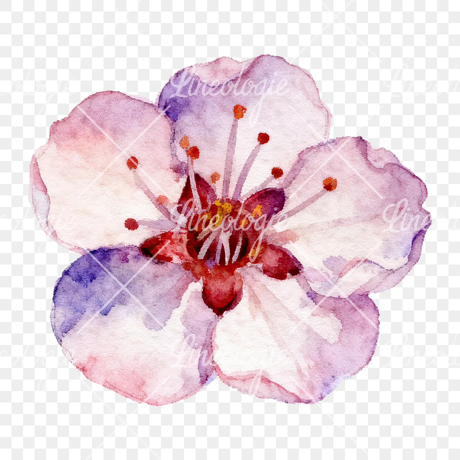 Watercolor single plum blossom clipart 1 of 6 on a transparent background (PNG)