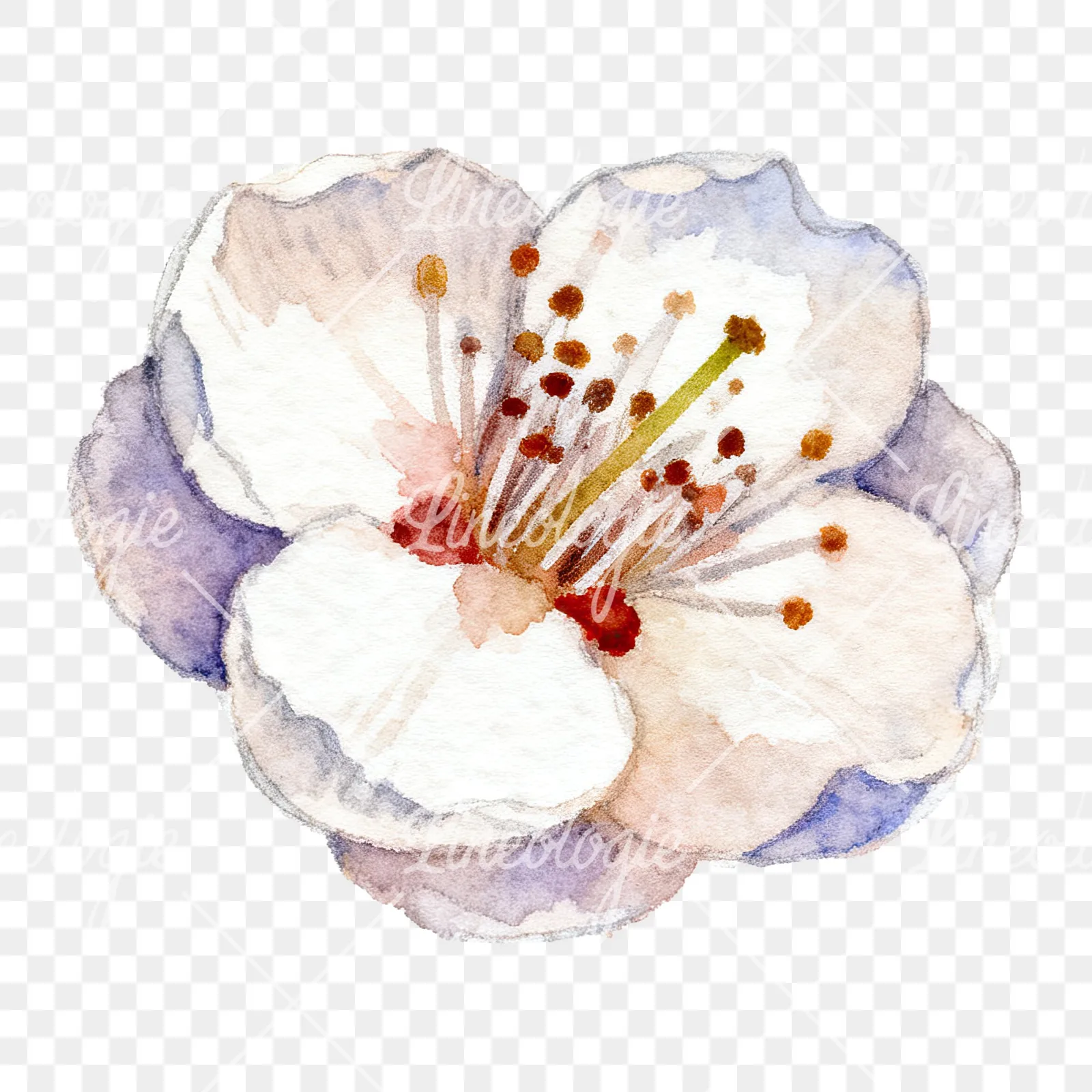 Watercolor single plum blossom clipart 2 of 6 on a transparent background (PNG)