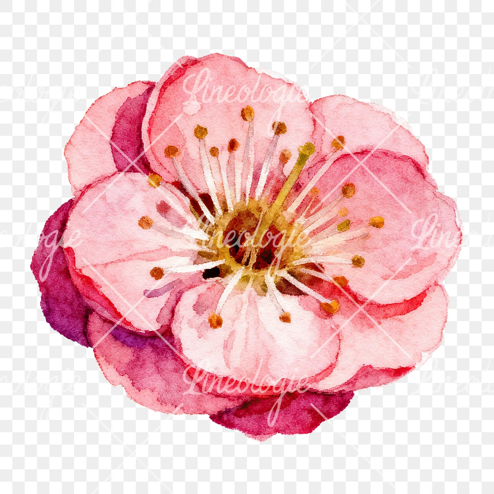 Watercolor single plum blossom clipart 3 of 6 on a transparent background (PNG)