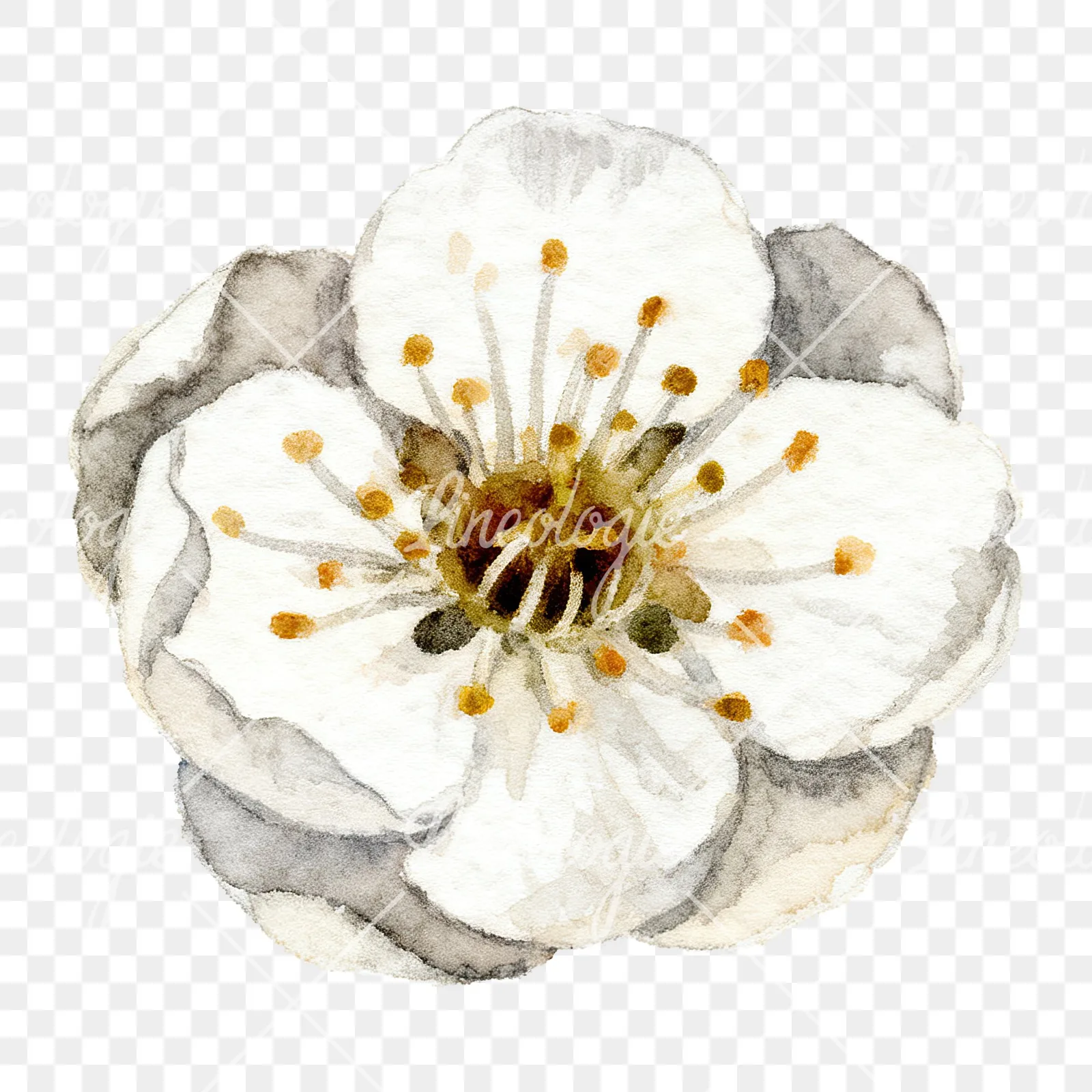 Watercolor single plum blossom clipart 5 of 6 on a transparent background (PNG)