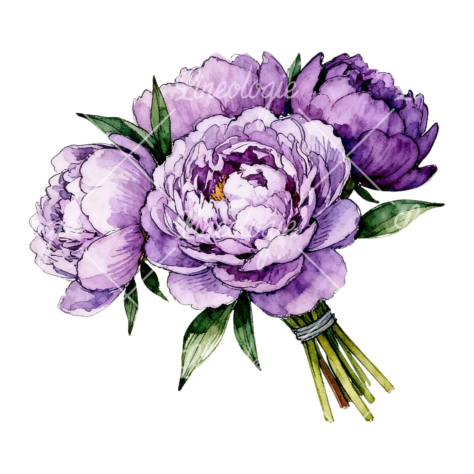 Watercolor purple peony bouquet with buds clipart 1 of 6 on a white background (JPG)