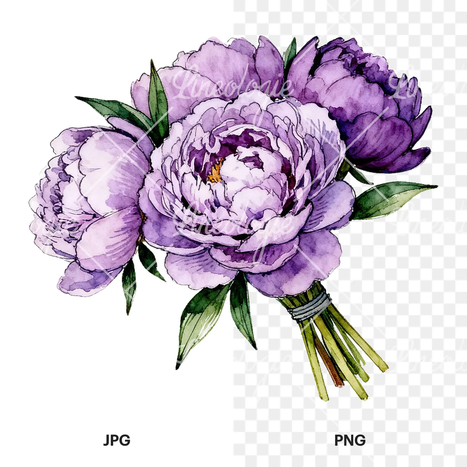 Watercolor purple peony bouquet with buds clipart 1 of 6, as a JPG on white and a transparent PNG