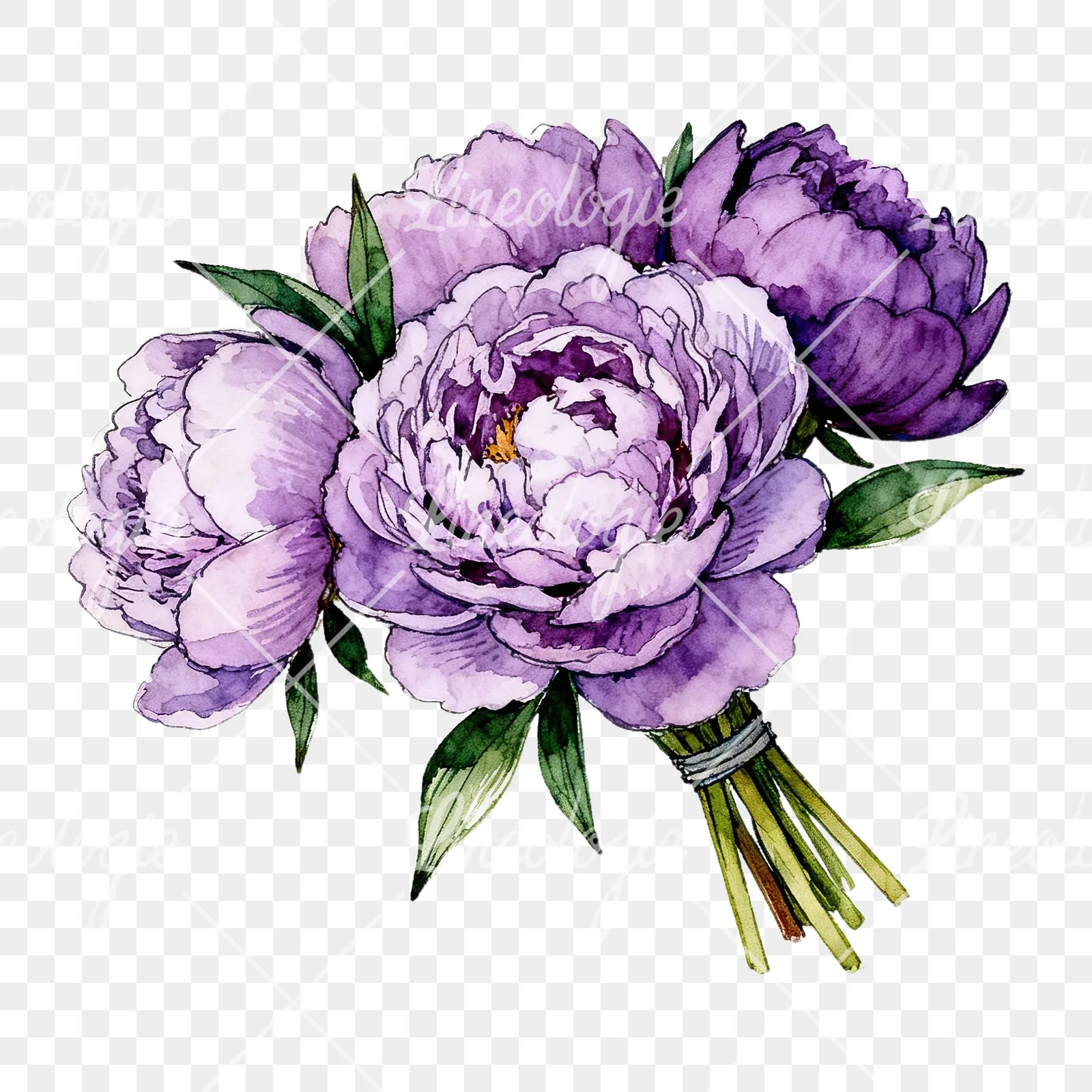 Watercolor purple peony bouquet with buds clipart 1 of 6 on a transparent background (PNG)